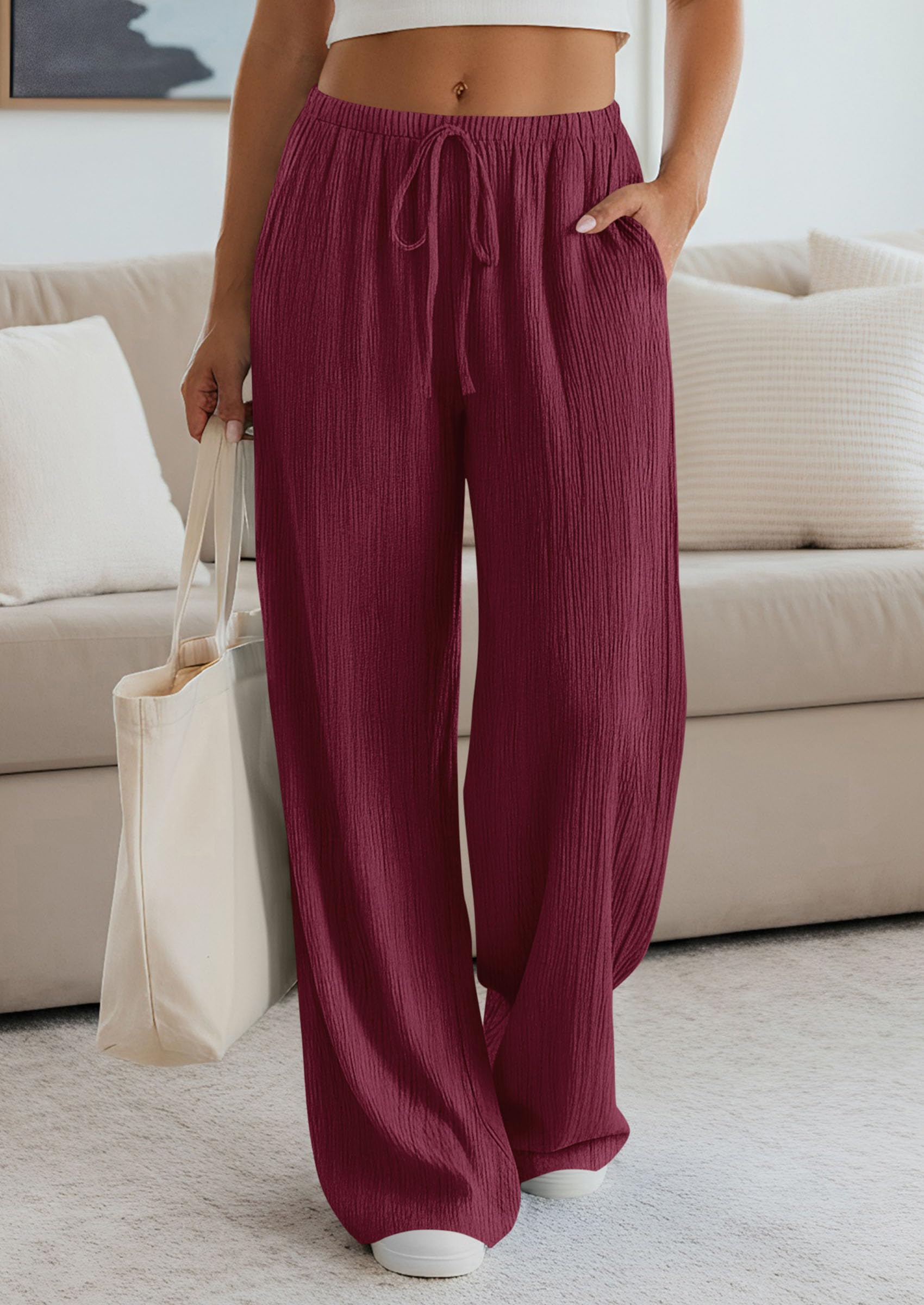 Women's Palazzo Pants Casual Wide Leg Trousers,Burgundy,S