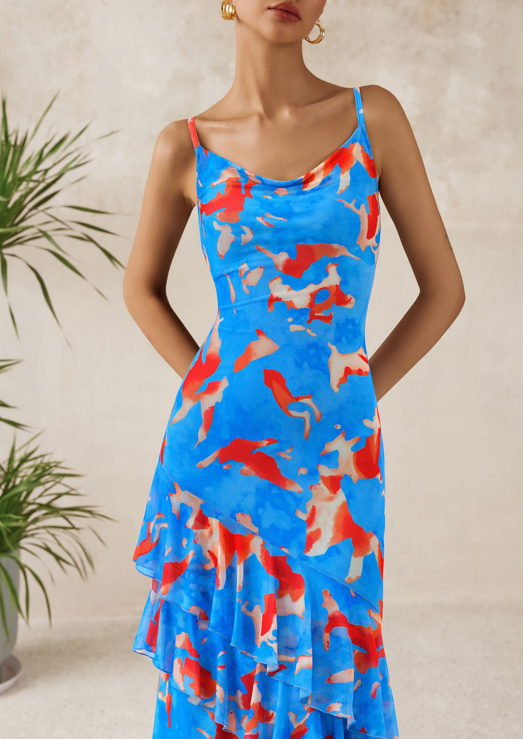Women's Boho Floral Tiered Maxi Dress, Floral Light Blue,XS