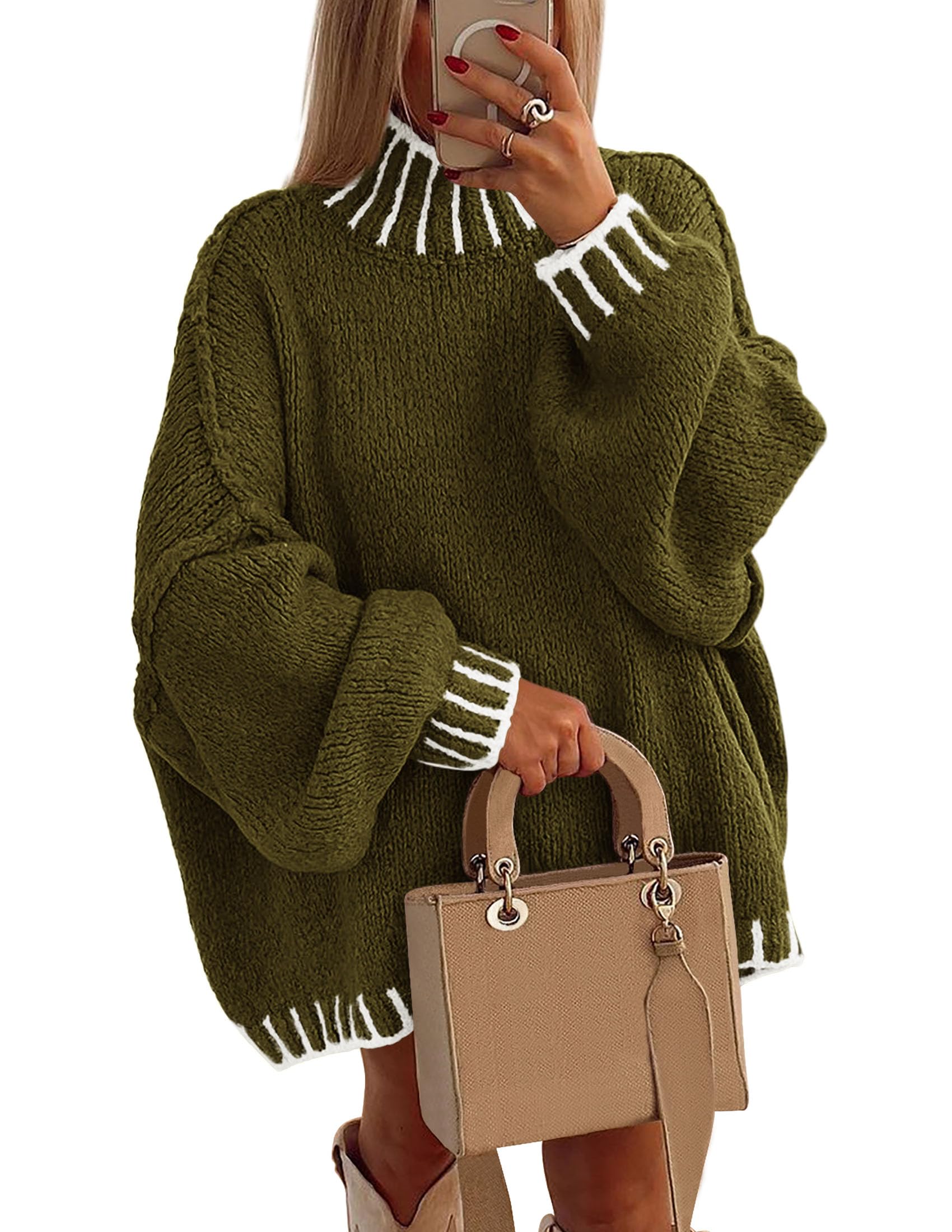 Women's Mock Neck Oversized Pullover Sweaters,Army Green,XS