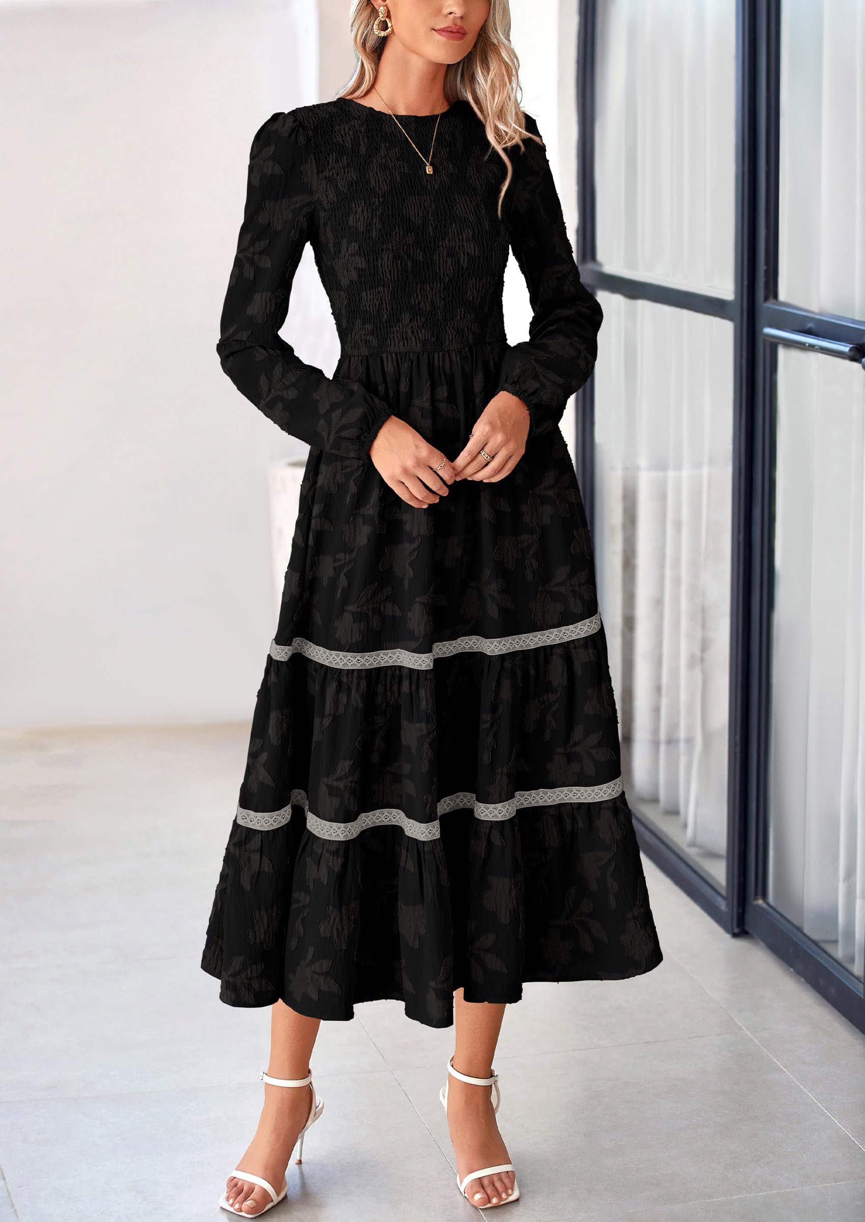 Women's Long Sleeve Boho Floral Midi Dress, Black,S