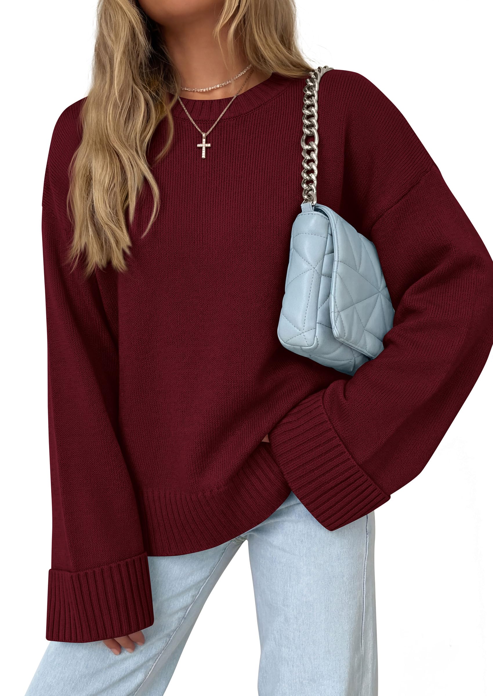 Oversized Sweater Women's Crewneck Long Sleeve Tops Wine Red
