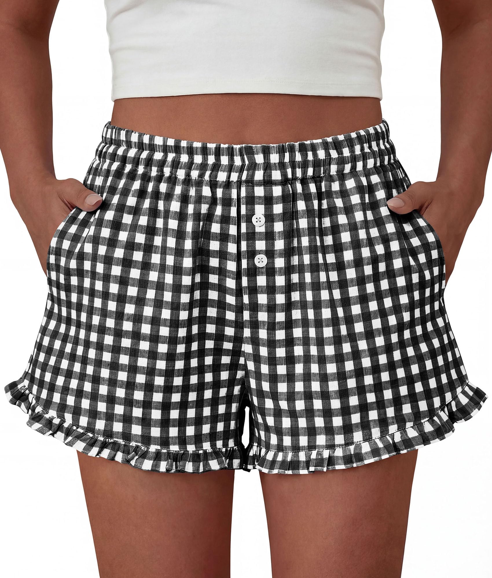 Womens Boxer Shorts Striped Gingham Ruffle Pajama Bottoms