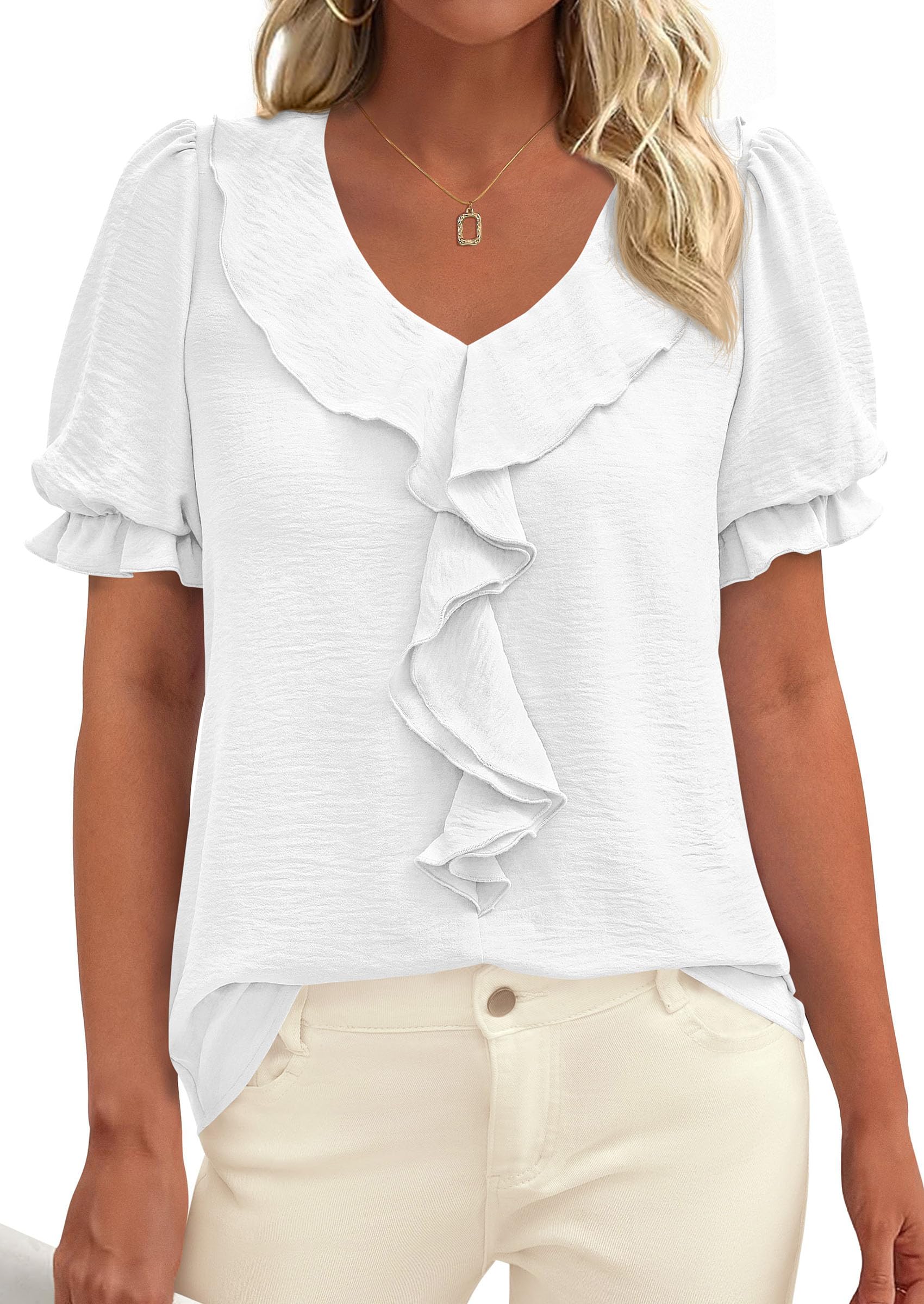 Women's Summer Ruffle Dressy Casual Blouses (White,S)