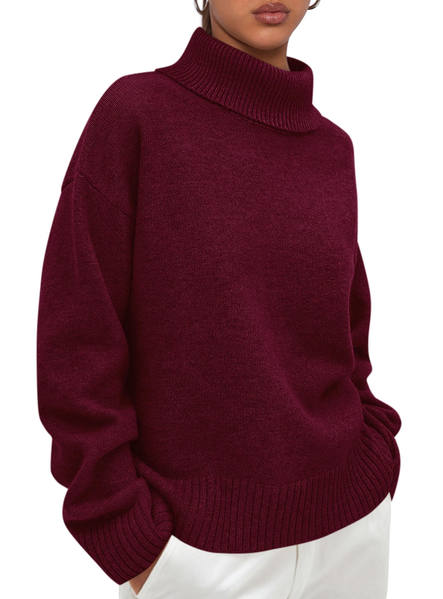 Womens Turtleneck Long Sleeve Knit Sweater,Wine Red,S