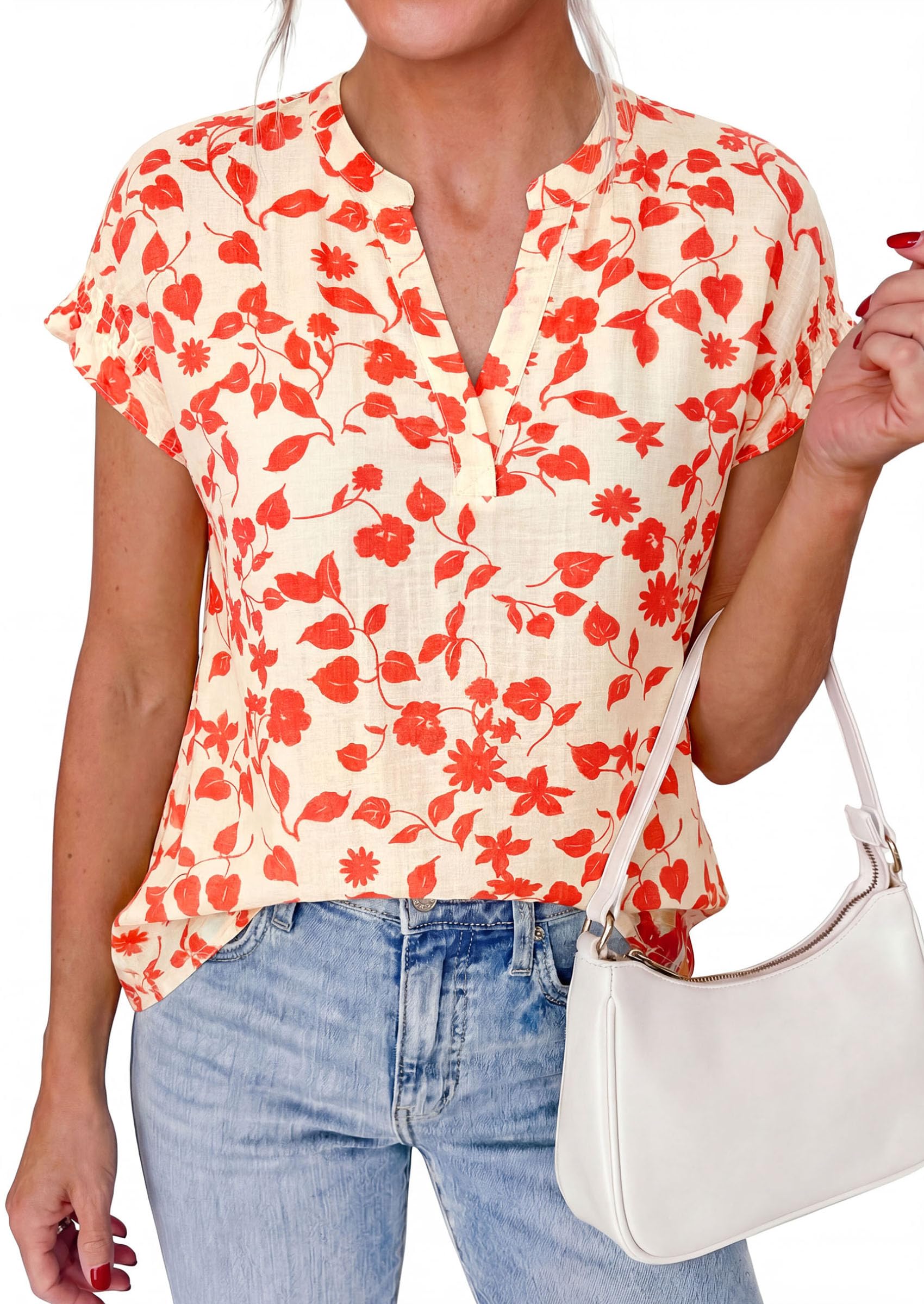 Womens Floral Short Sleeve Blouses,Light Apricot Orange,L