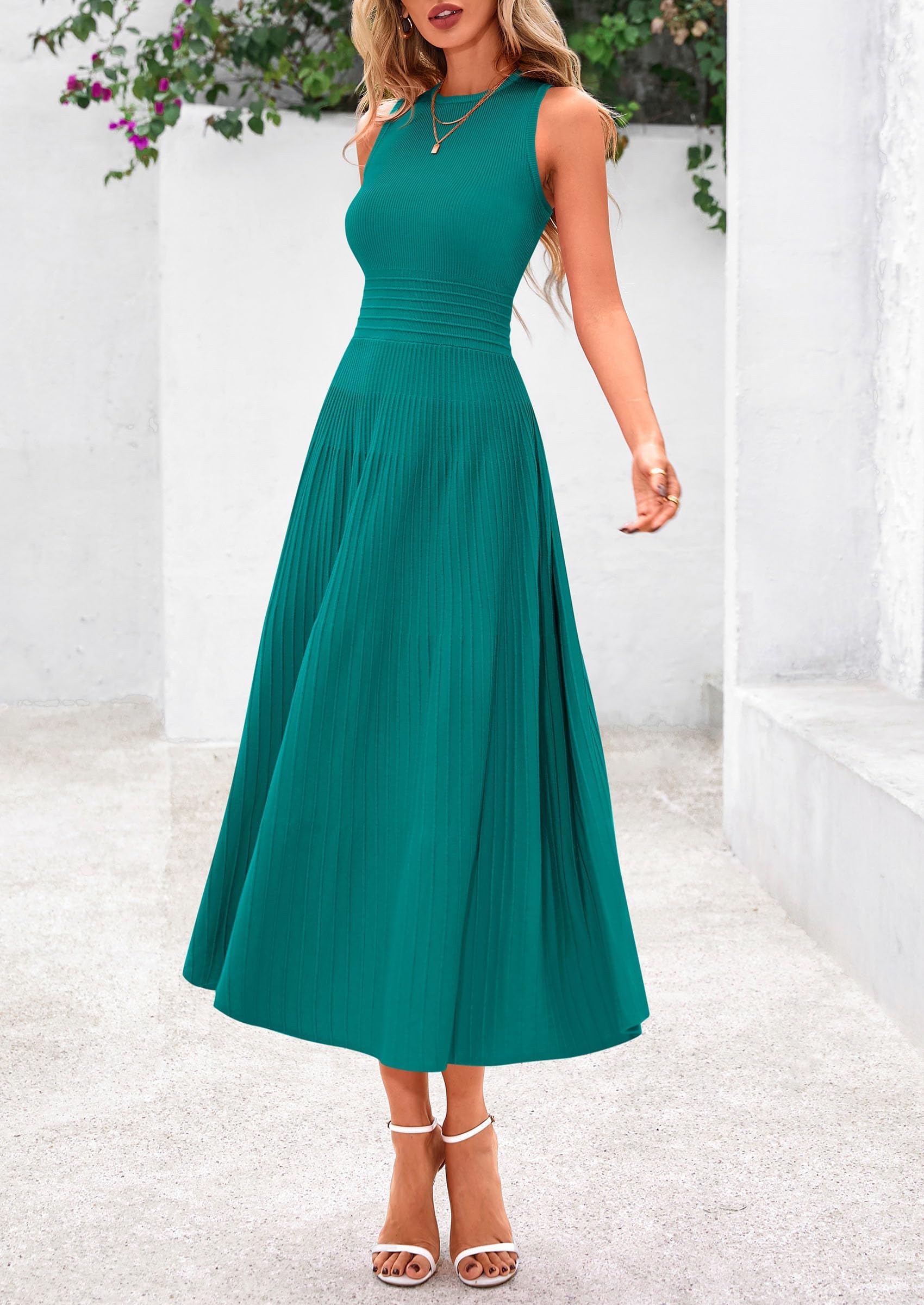 Women's Summer Pleated Midi Work Dress,Blue Green,S