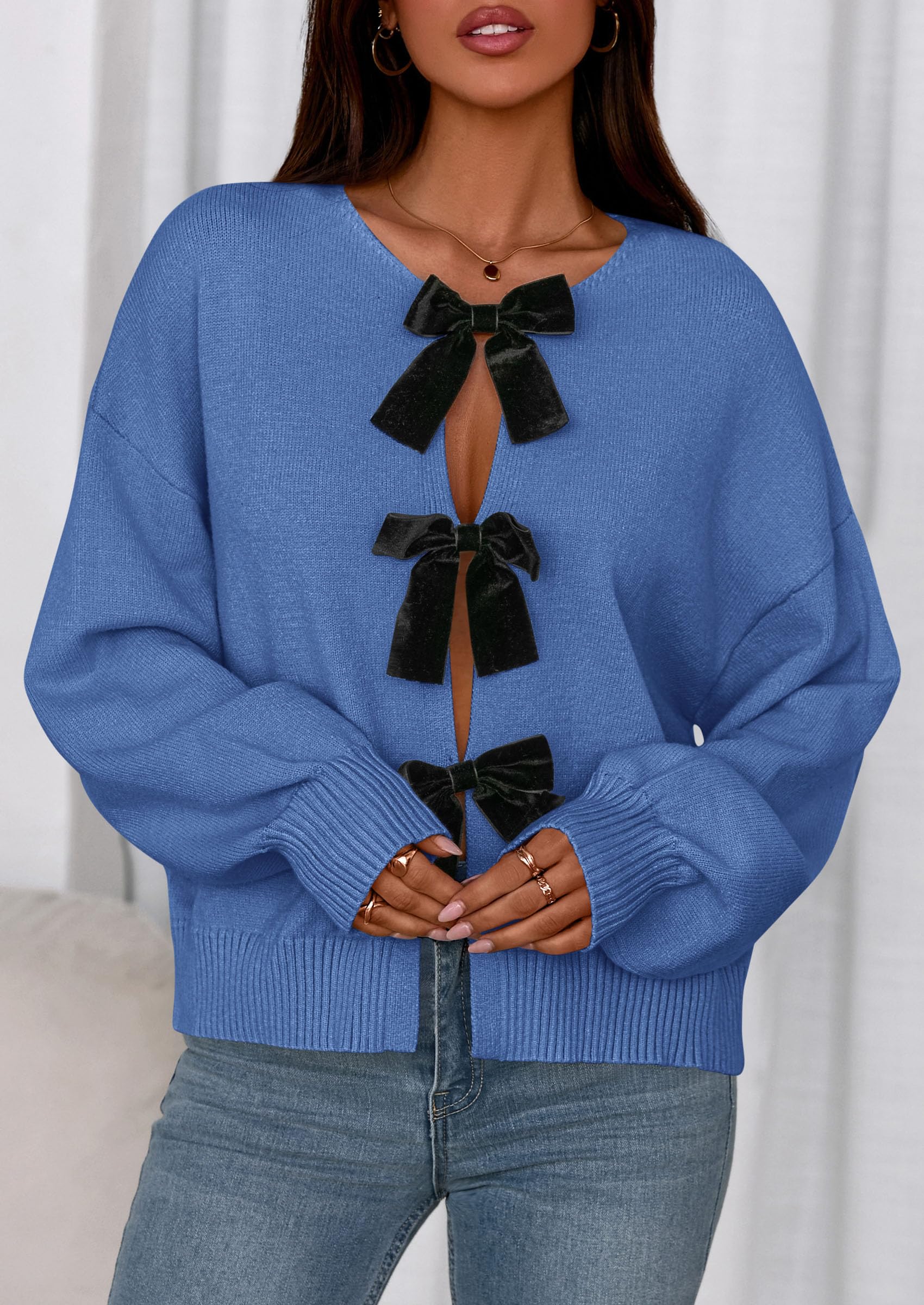 Women's Fall Bow Tie Front Cardigan Sweaters,Blue,S