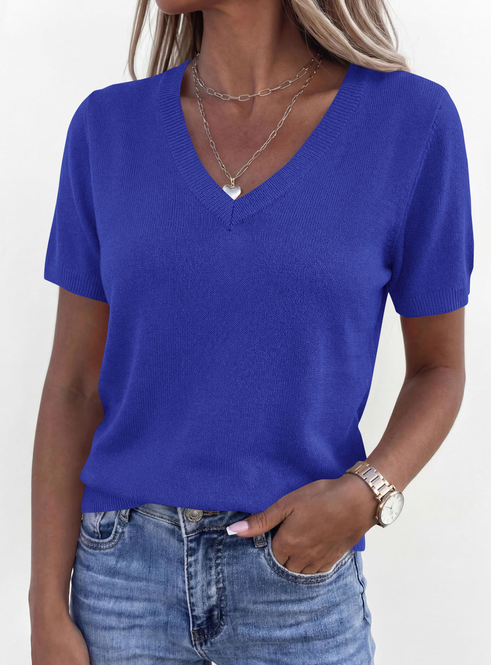 Womens Short Sleeve Sweater V Neck Tops,Royal Blue,S