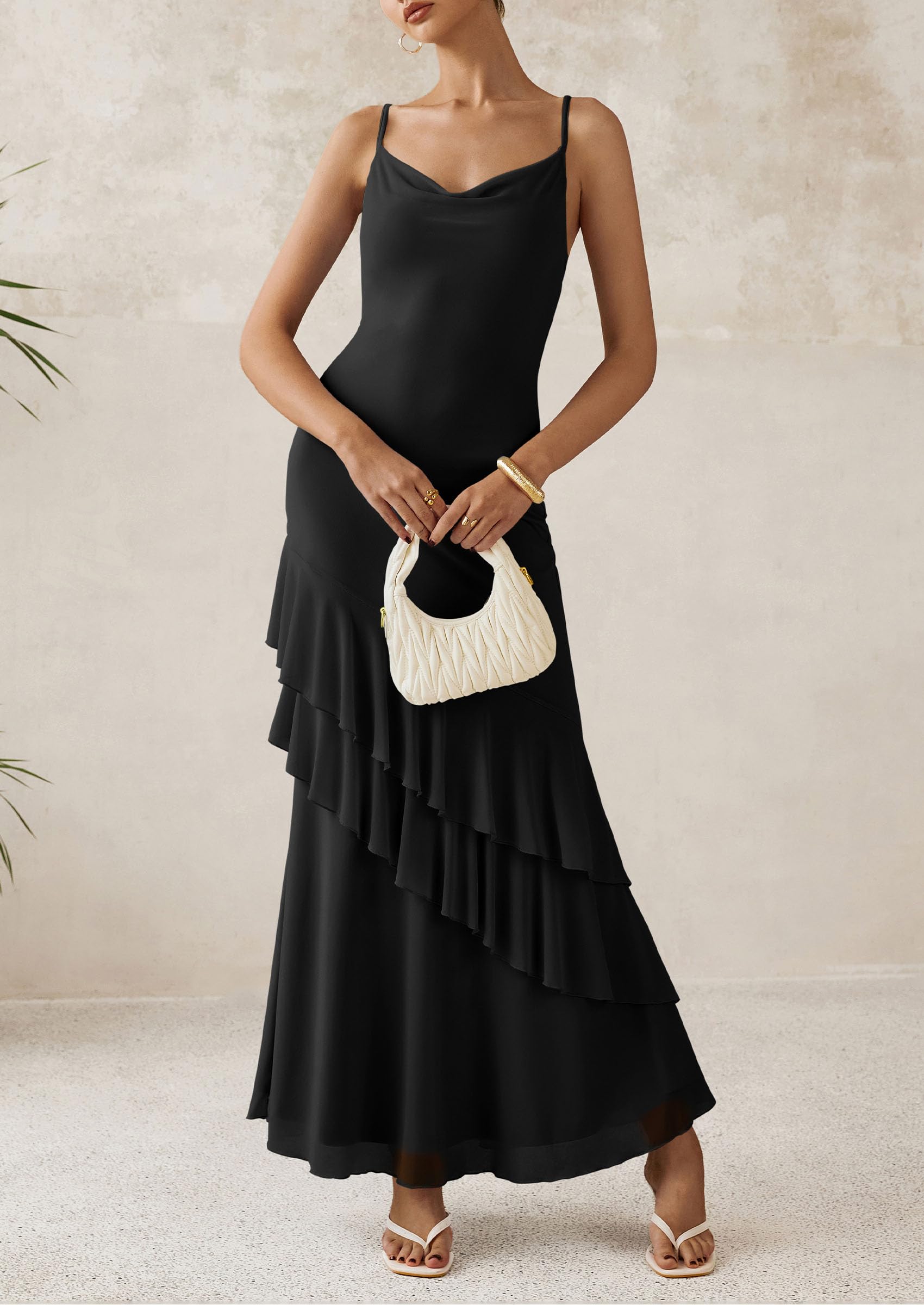 Women's Boho Floral Tiered Maxi Dress, Solid Black,XS