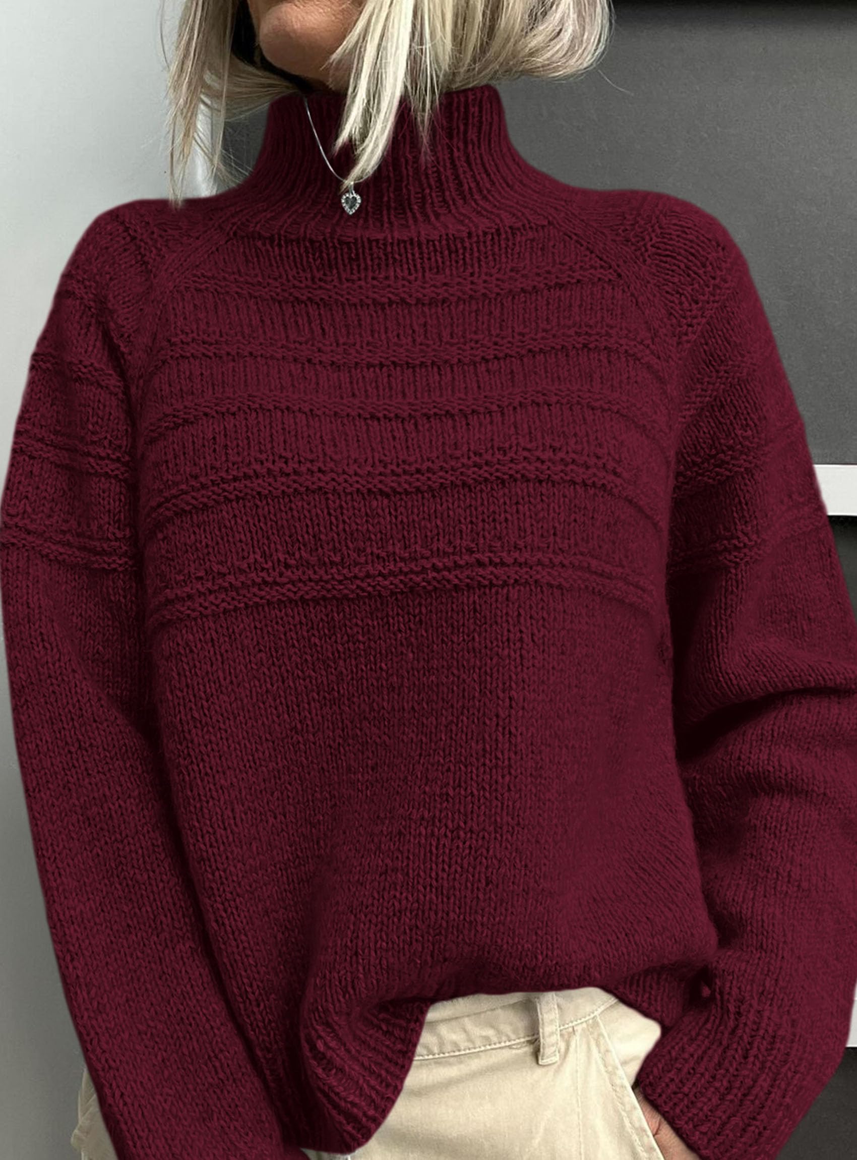 Women's Chunky Knit Mock Neck Pullover Sweaters,Burgundy,S