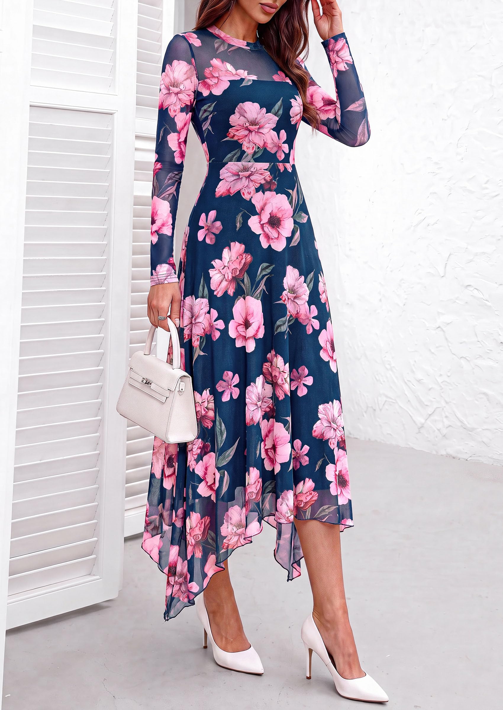 Women's Floral Mesh Midi Dress,Floral Blue Pink,S
