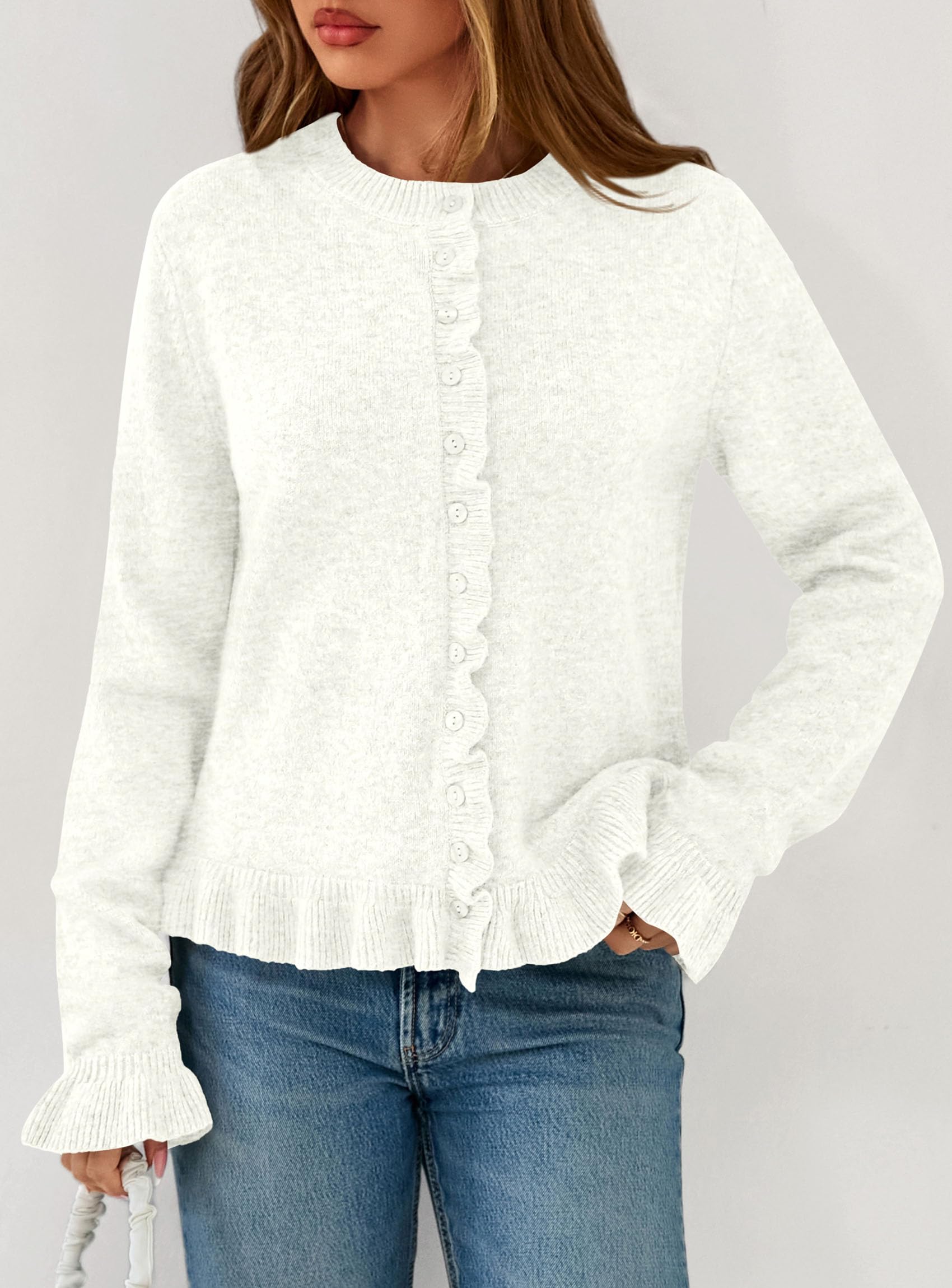 Womens Ruffle Button Down Cardigan Sweaters,White,S