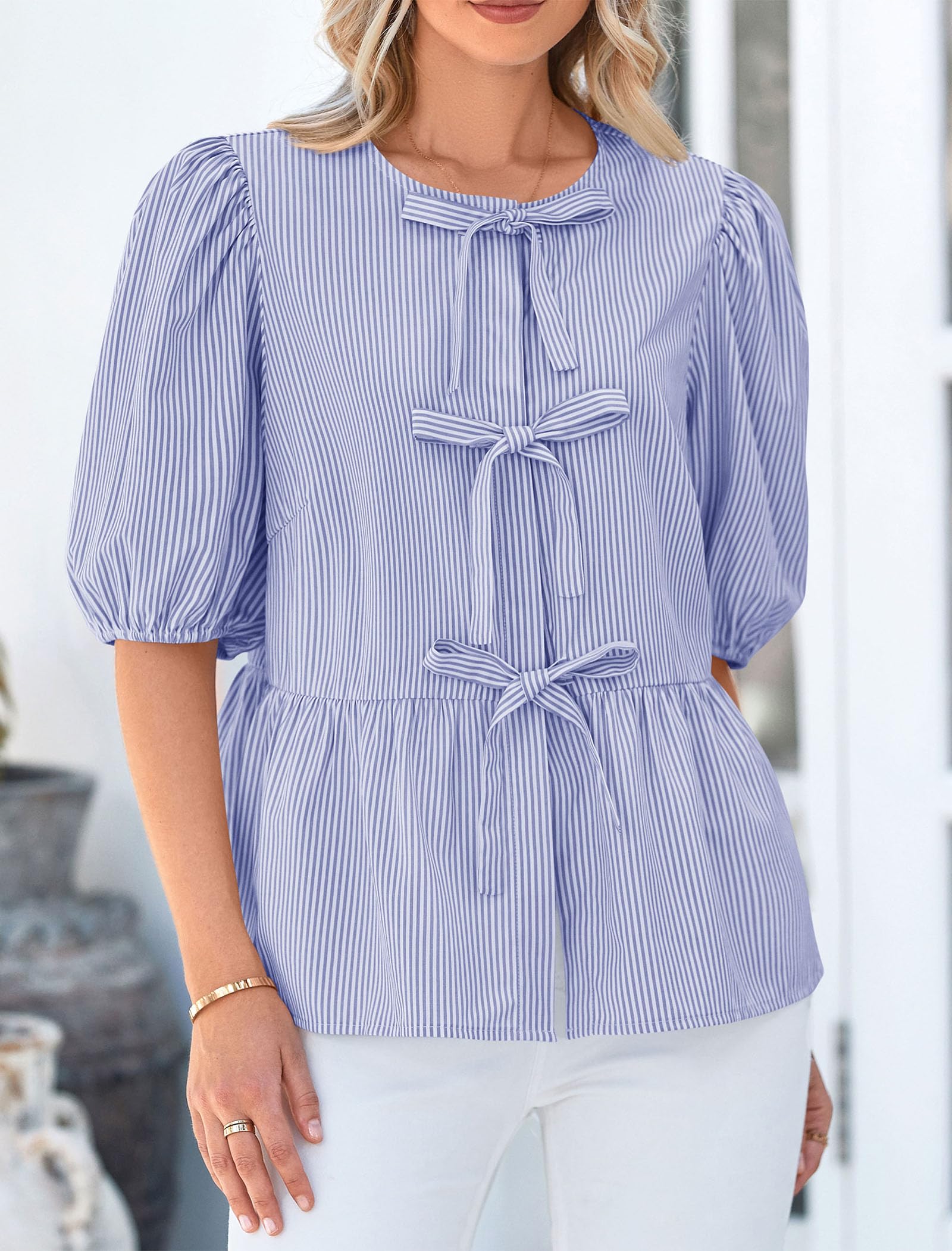 Women Striped Tie Front Babydoll Peplum Tops, Blue,S