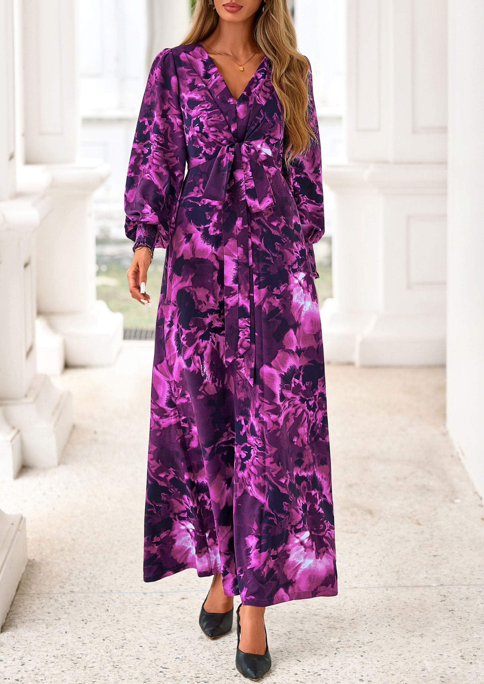 Women's Tie Waist Floral Maxi Dress,Floral Purple,S