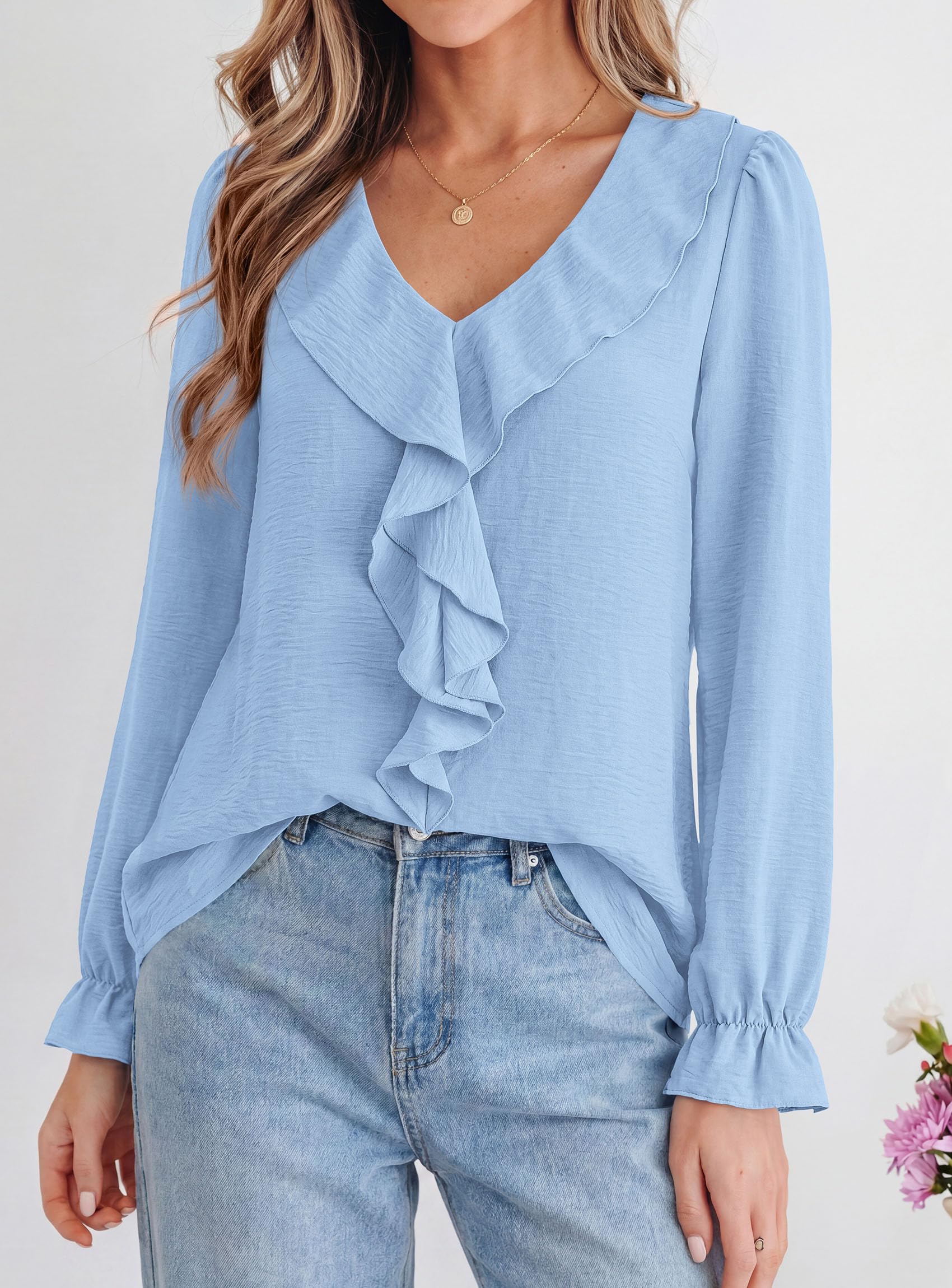 Women Early Fall Fashion Dressy Casual Blouses Light Blue,S