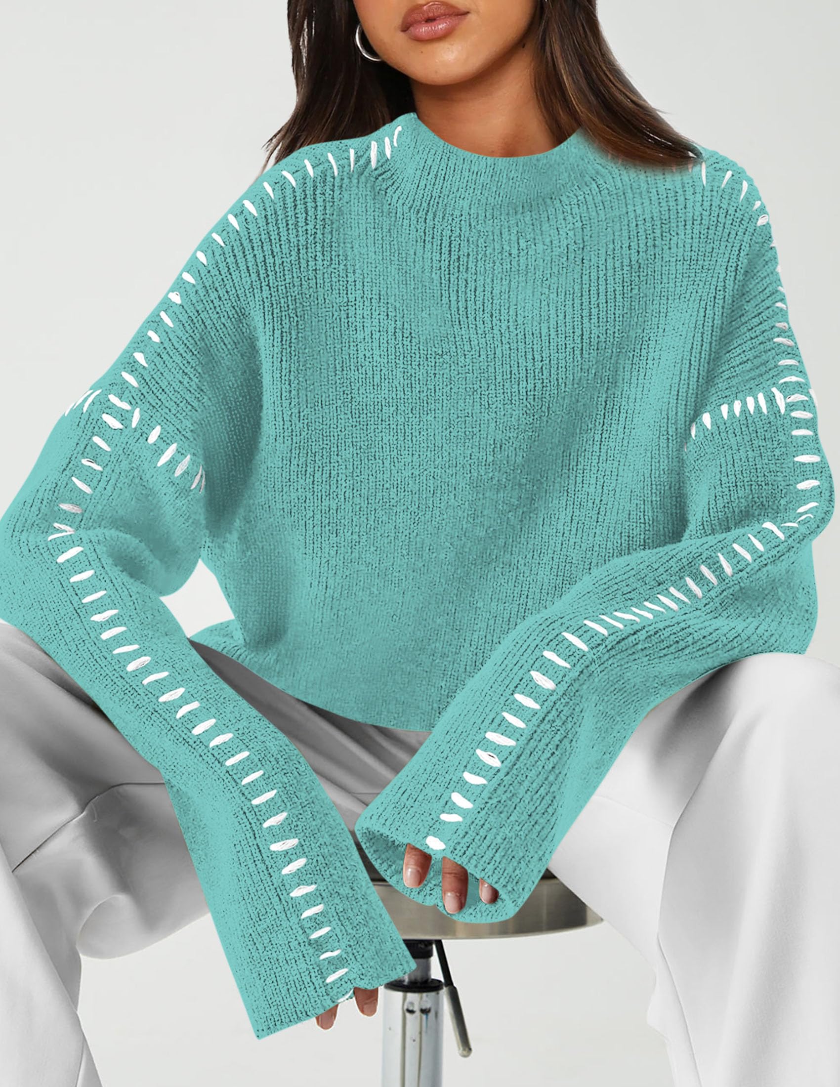 Womens Chunky Knit Oversized Pullover Sweaters,Aqua Blue,S