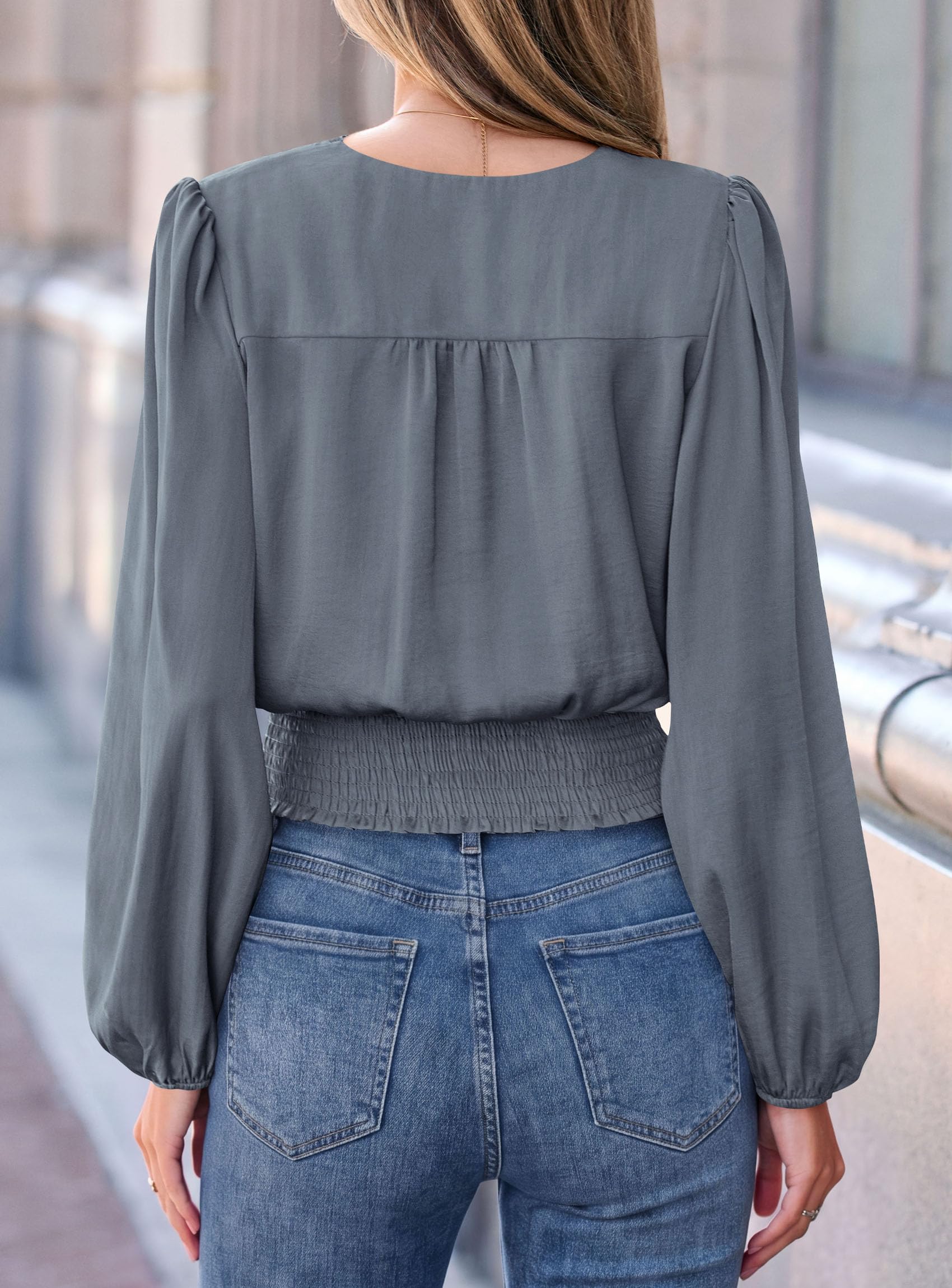 Women's Long Sleeve V Neck Wrap Blouse,Grey Blue,L