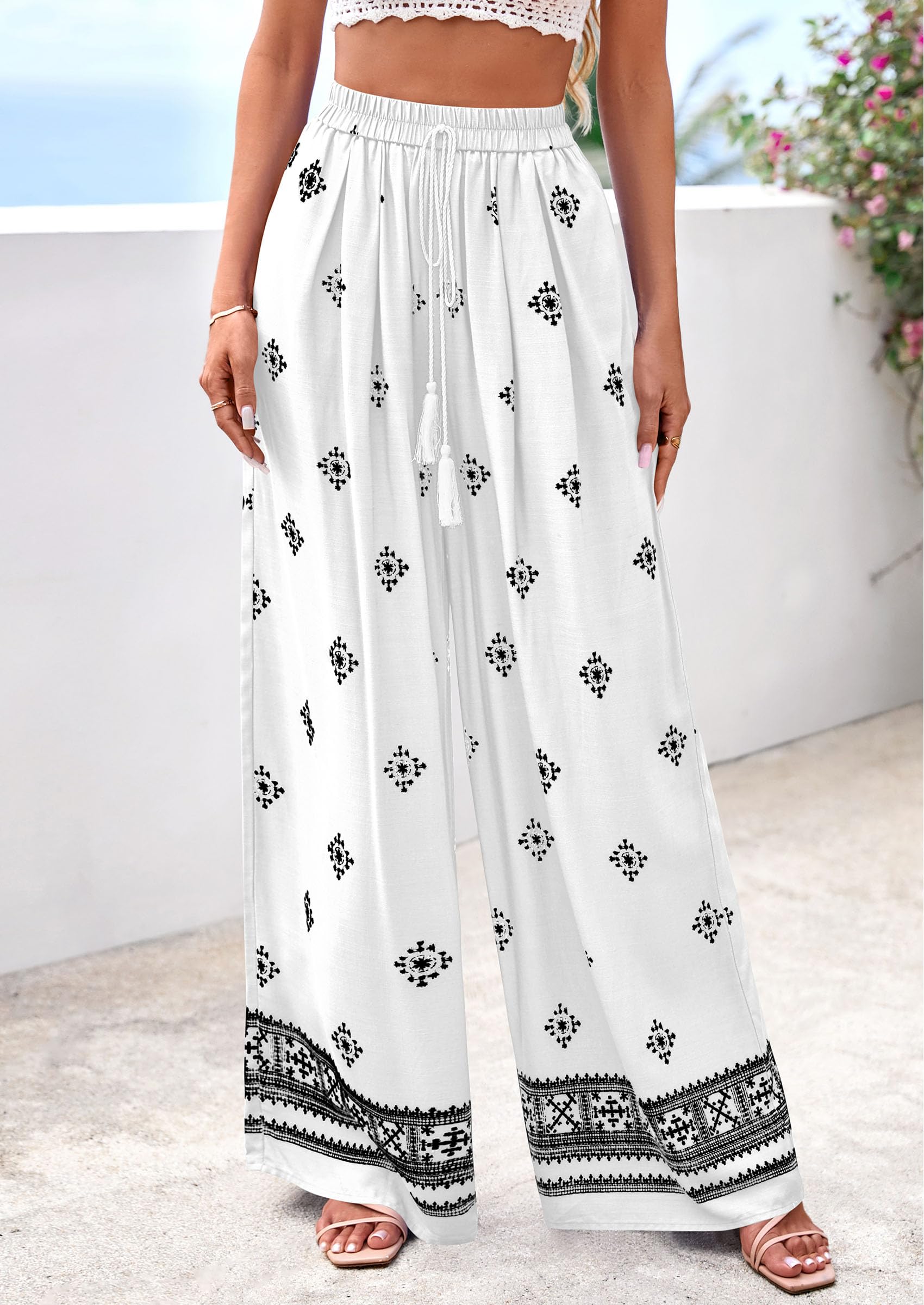 Wide Leg Flowy Boho Pants for Women, White Black,S