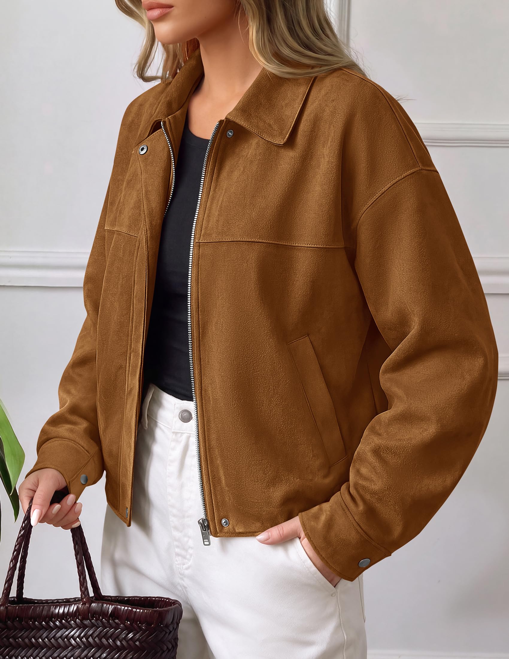 Women's Faux Suede Cropped Fall Jackets,Brown,S