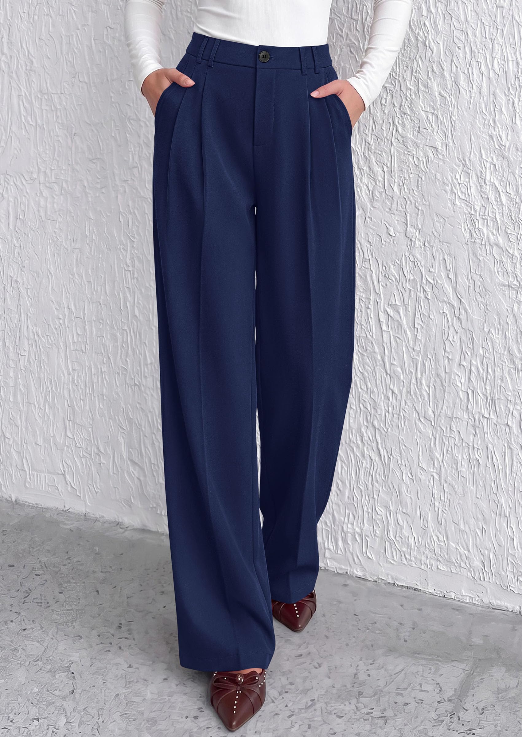 Women's Dress Pants Wide Leg Flowy Trousers,Navy Blue,S