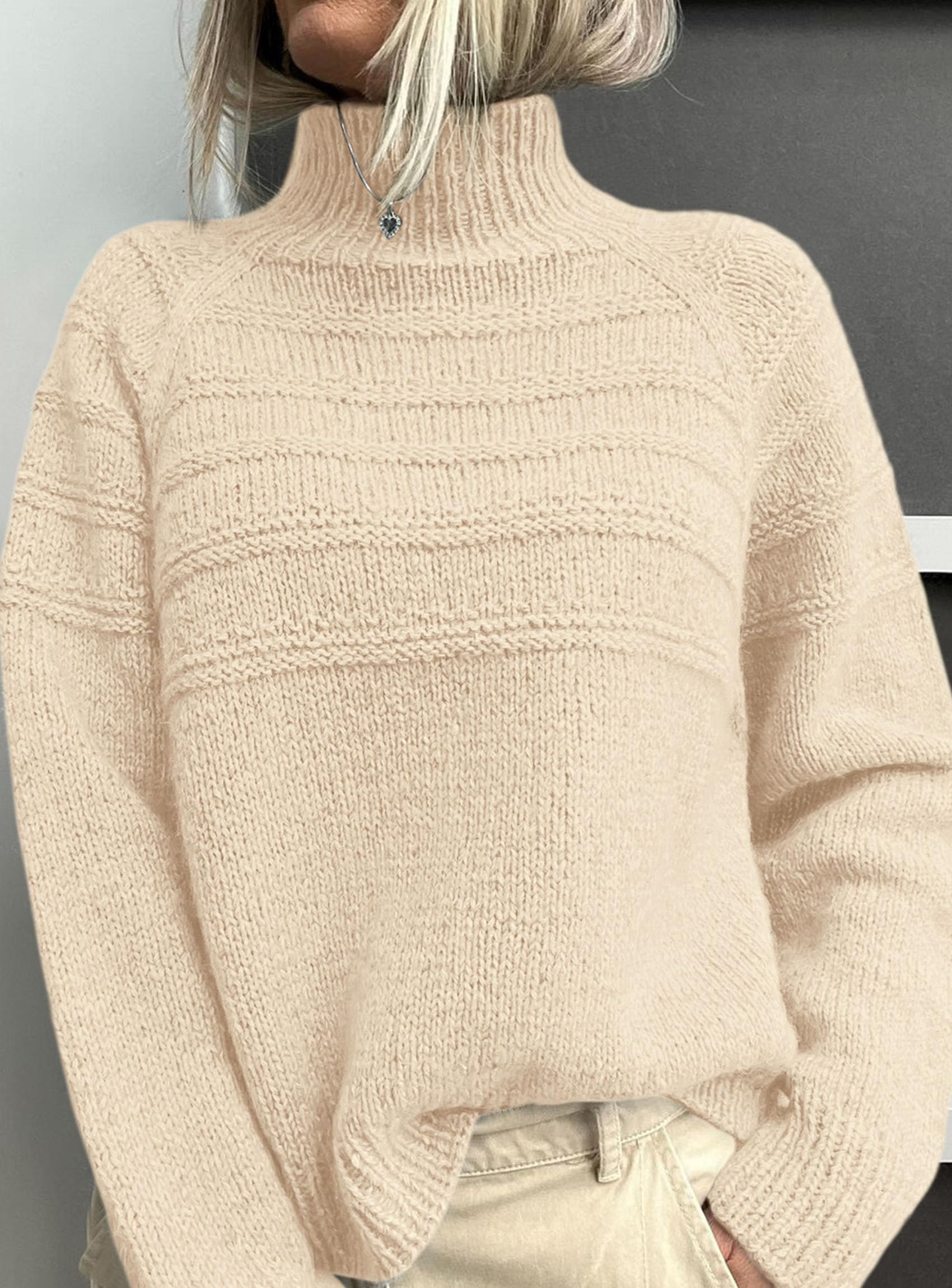 Women's Chunky Knit Mock Neck Pullover Sweaters,Beige,S
