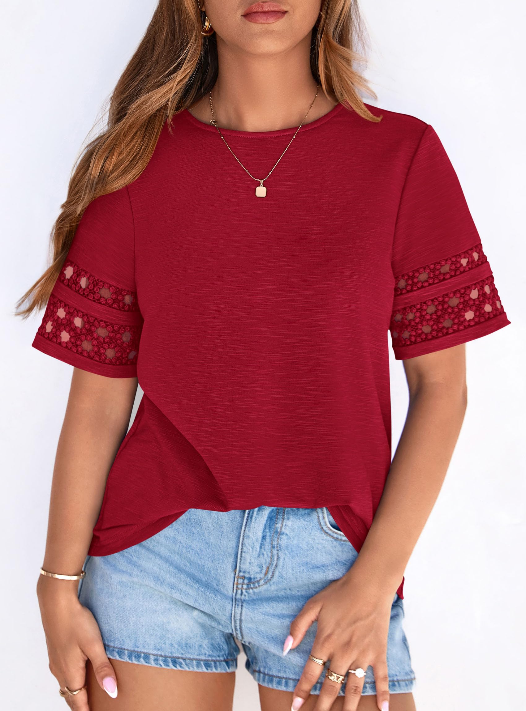 Women's Summer Short Sleeve Lace Trim T-Shirts,Red,S