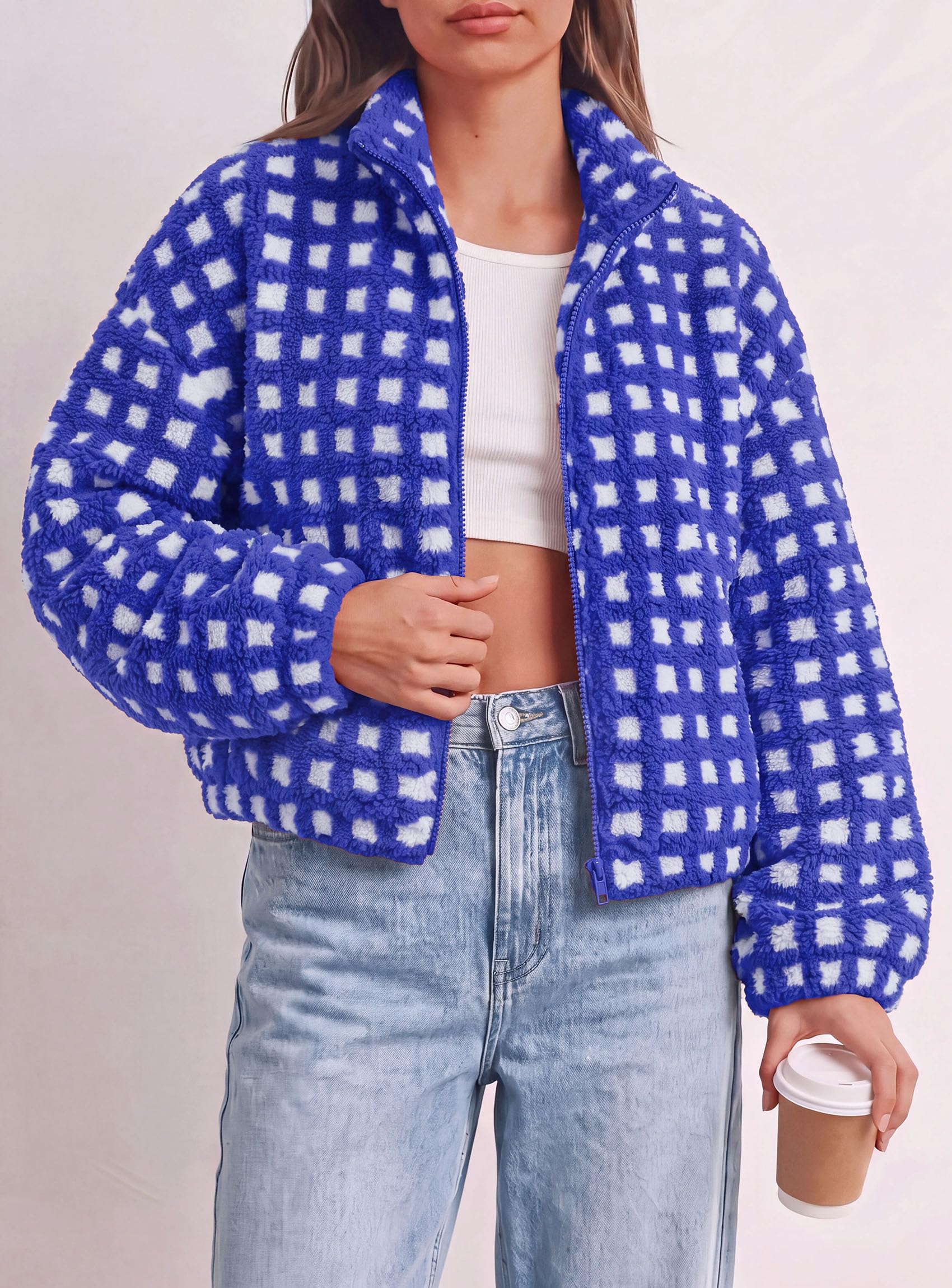 Women's Gingham Sherpa Fleece Jacket Plaid Cropped Teddy Coat