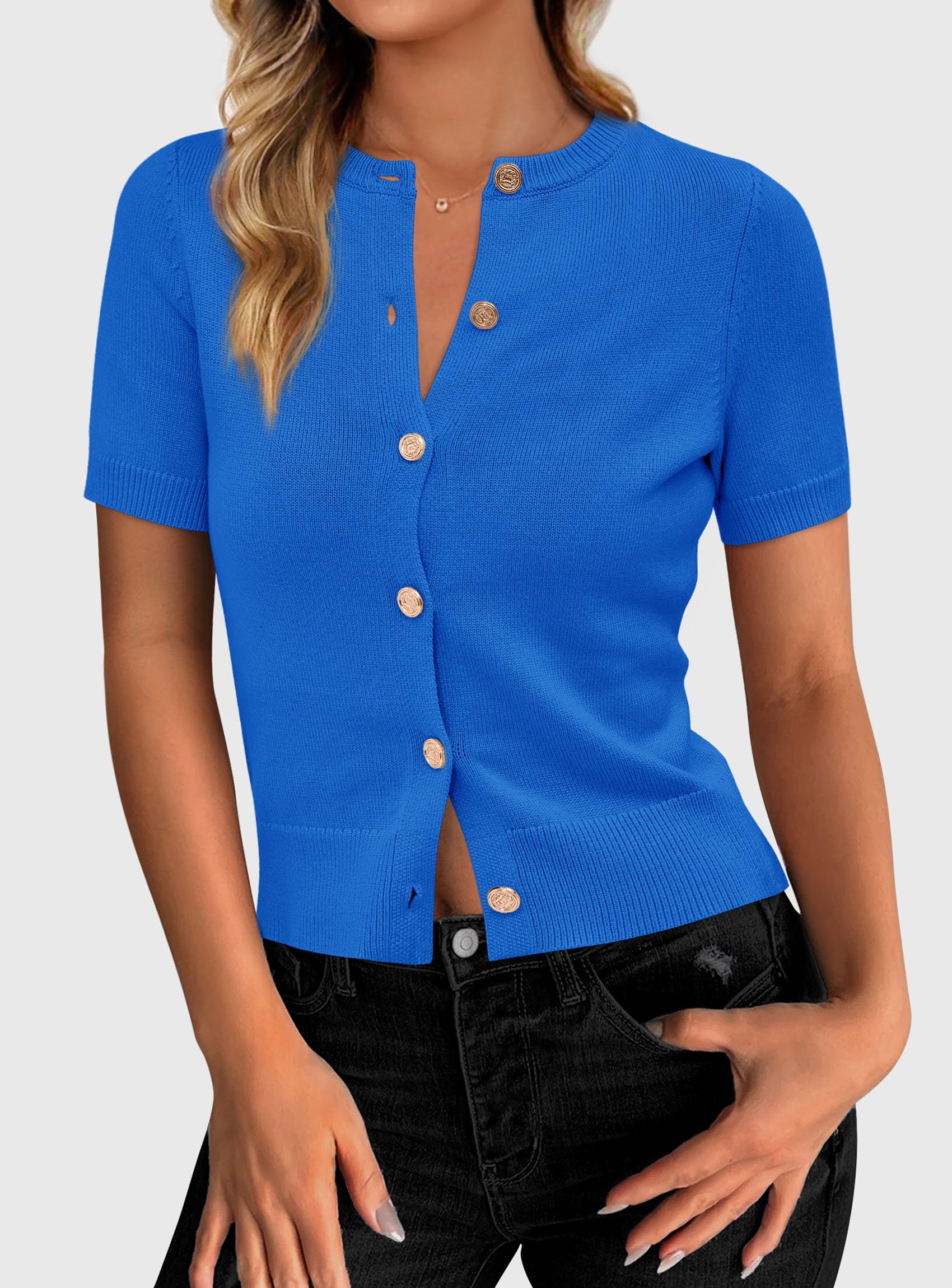 Womens Summer Cardigan Short Sleeve Sweater,Blue,S