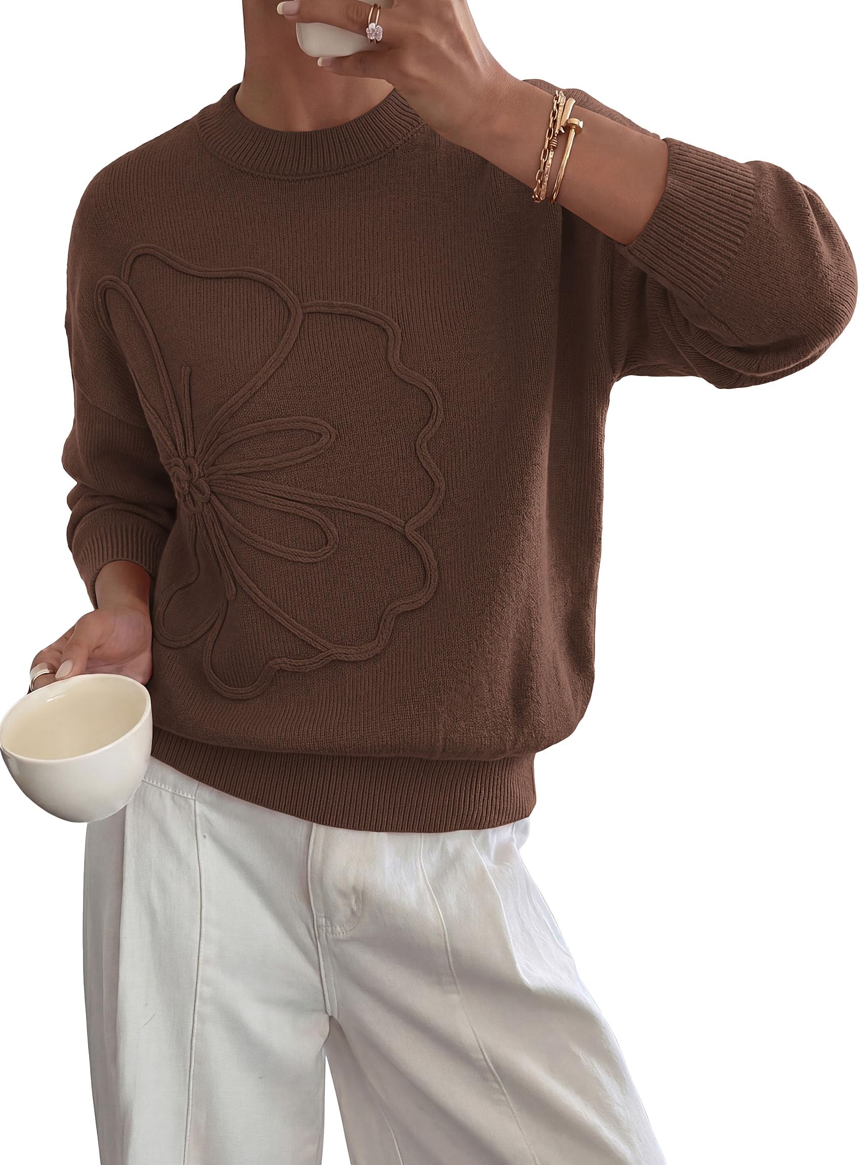 Womens Sweaters Floral Long Sleeve Knit Tops,Brown,S