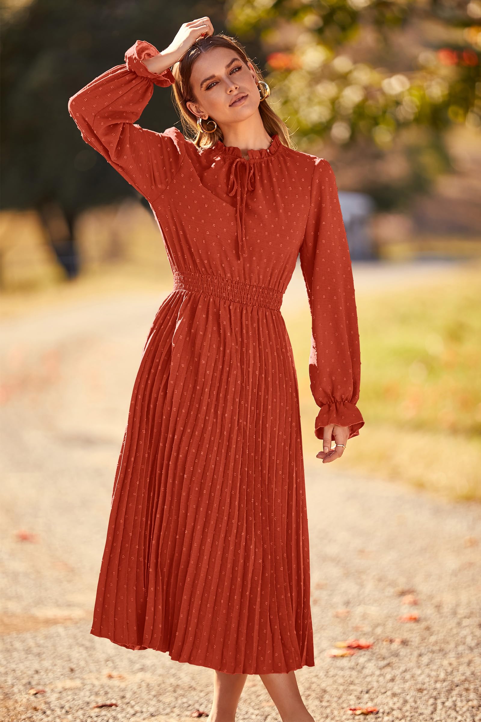 Women's Fall Midi Wedding Guest Dress(Brick Red,Small)