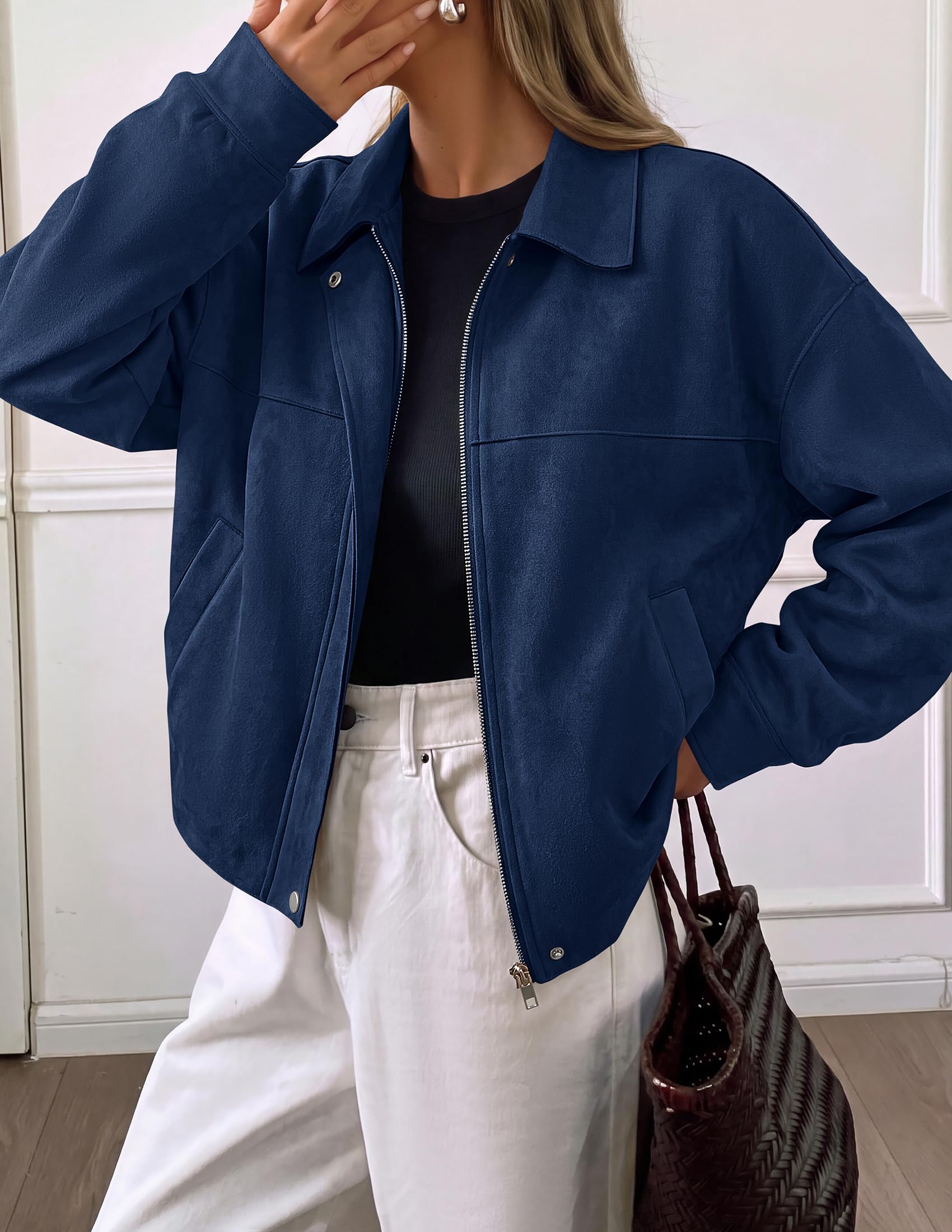 Women's Faux Suede Cropped Fall Jackets,Navy,S