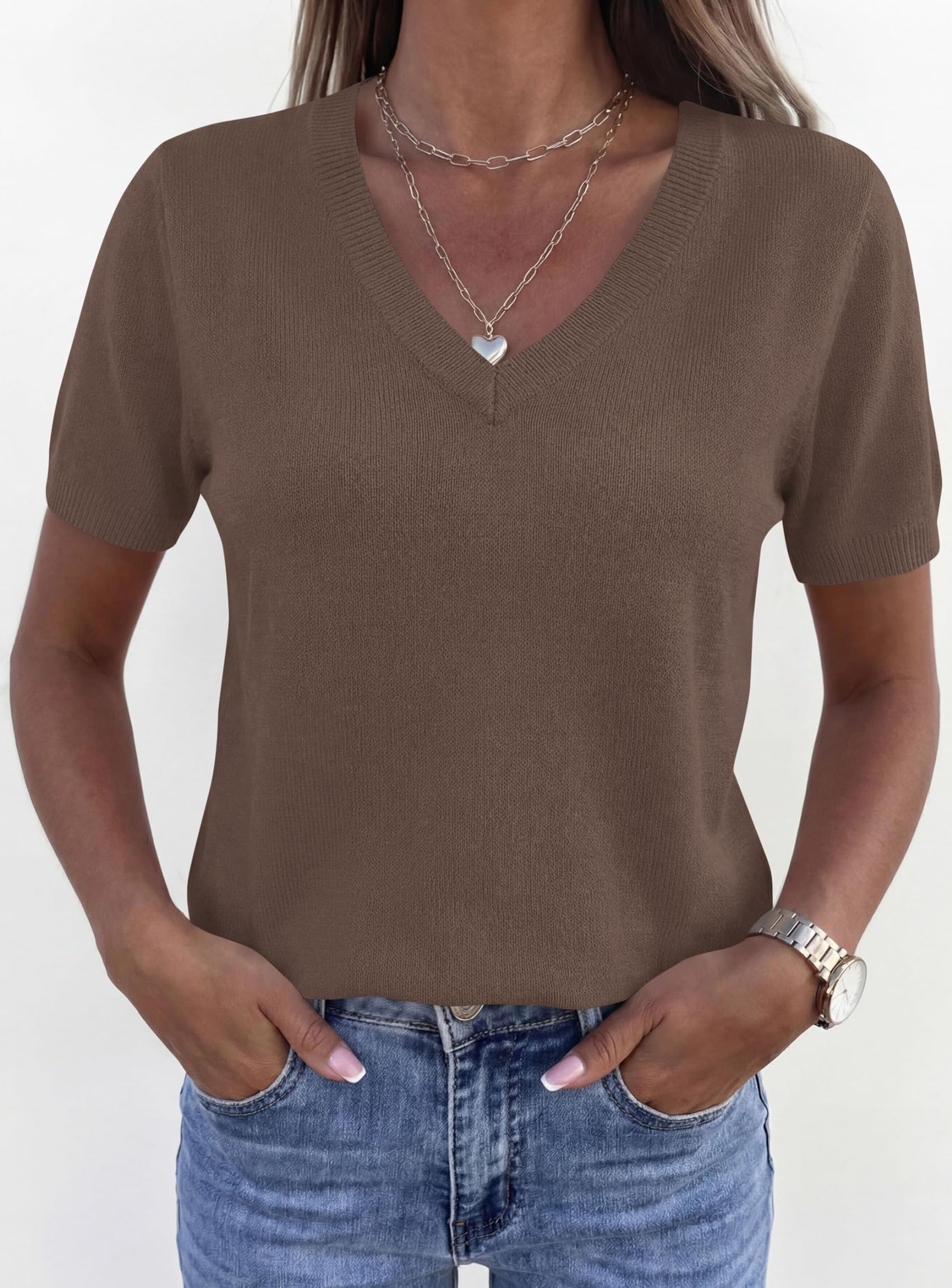 Womens Short Sleeve Sweater V Neck Tops,Light Brown,S
