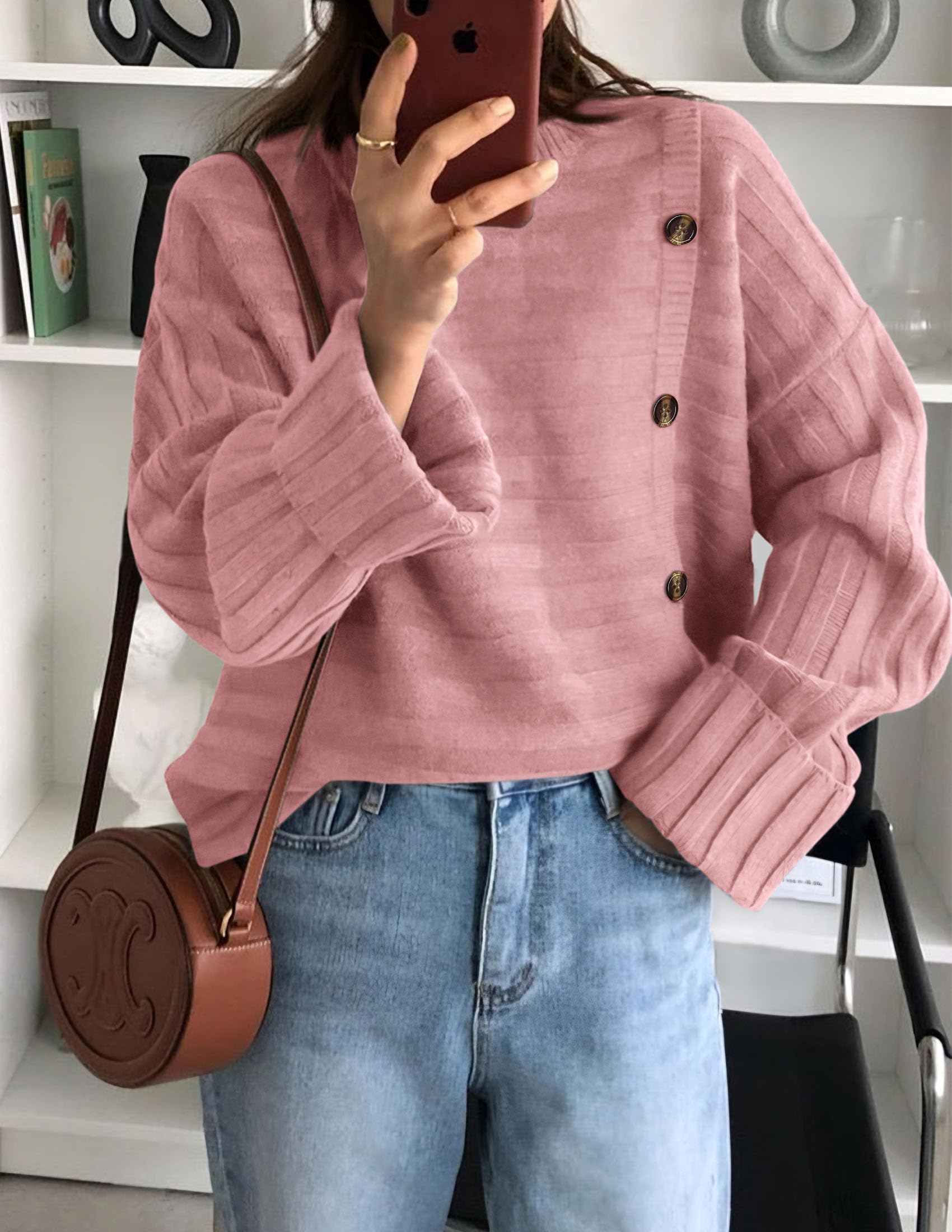 Womens Asymmetric Button Long Sleeve Sweater,Pink,M