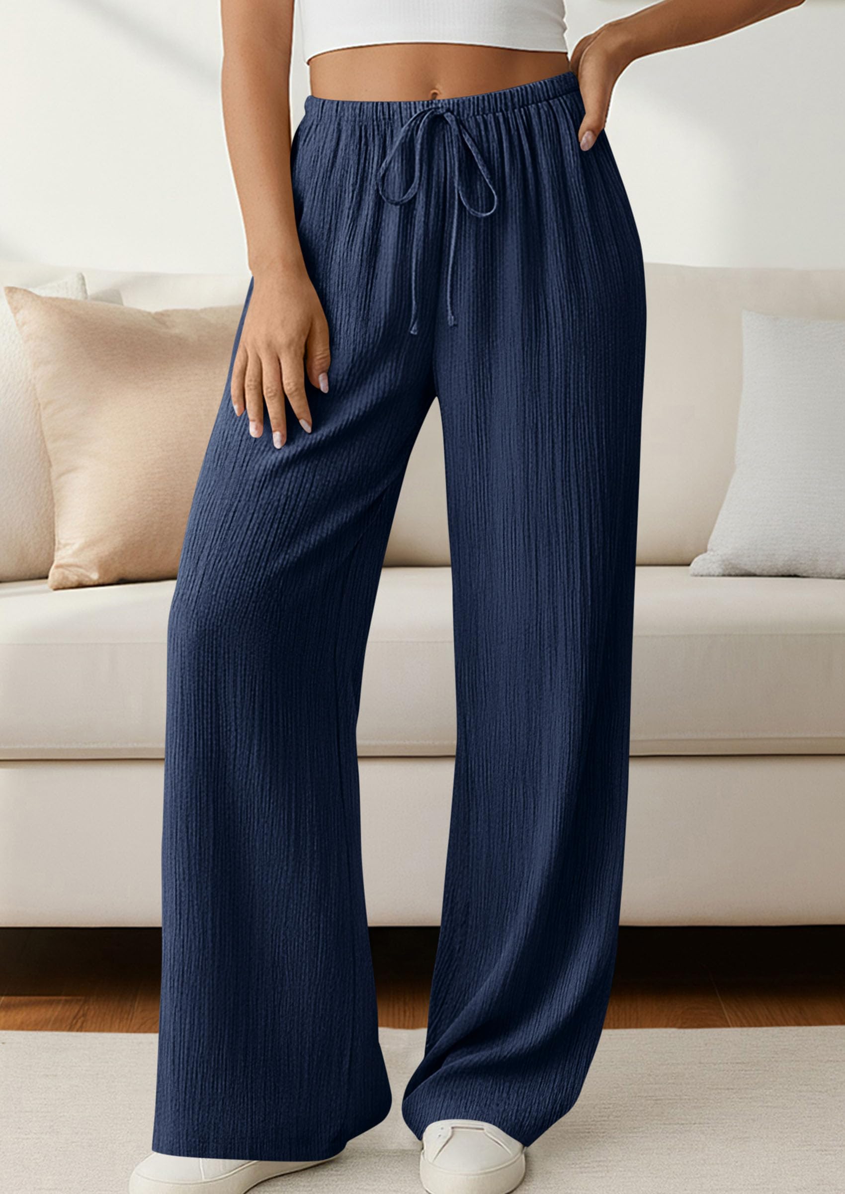 Women's Palazzo Pants Casual Wide Leg Trousers,Navy Blue,S