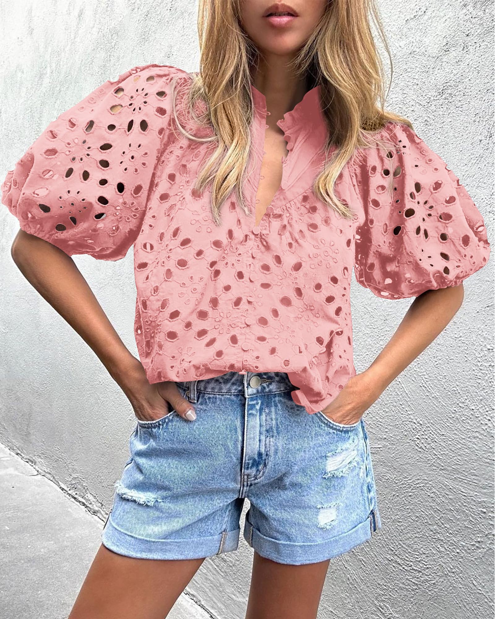 Womens Tops Boho Eyelet Puff Sleeve Blouse, Pink,S