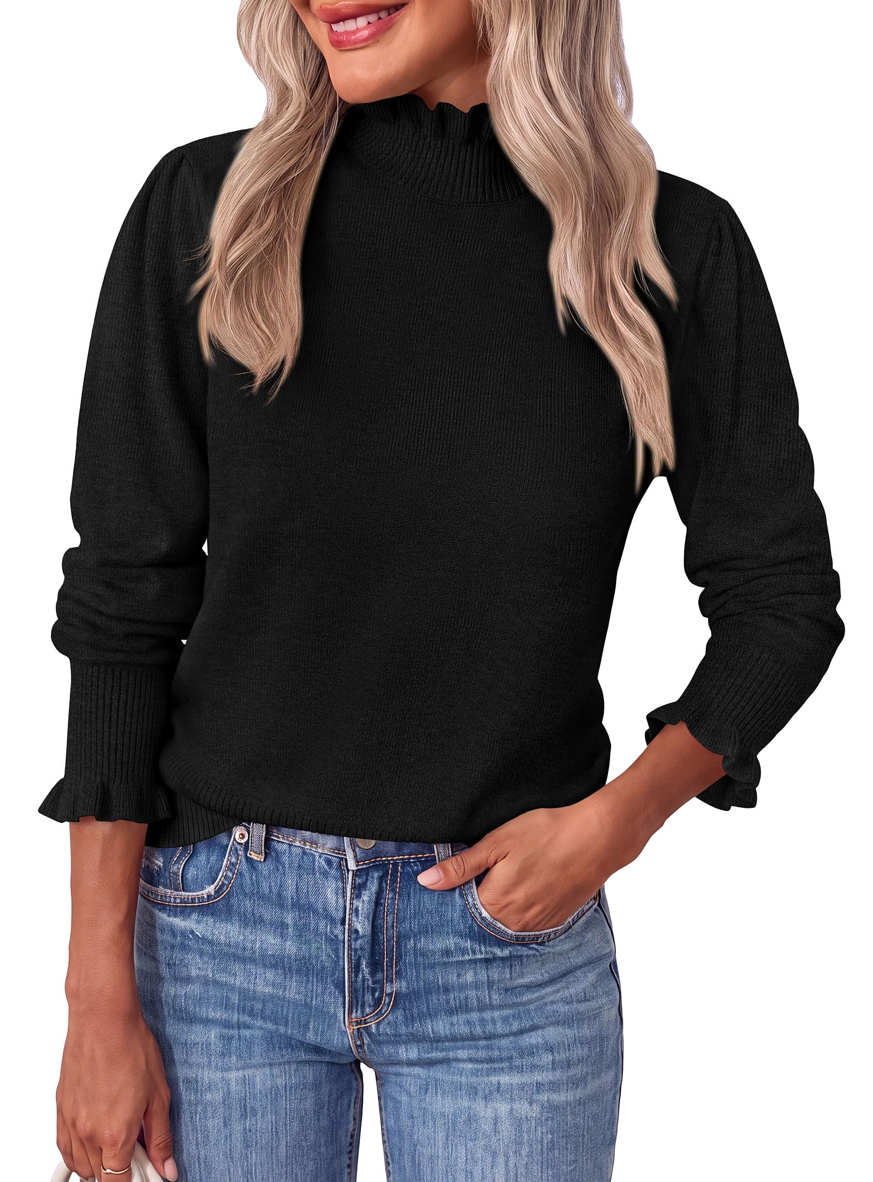 Women's Fall Cozy Sweaters Trendy Ruffle Mock Neck Pullover