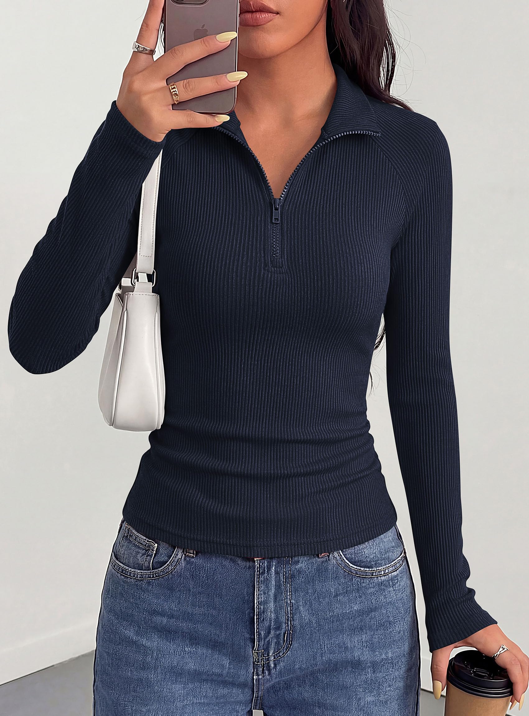 Women's Long Sleeve Shirts Fall Quarter Zip Up Pullover Tops