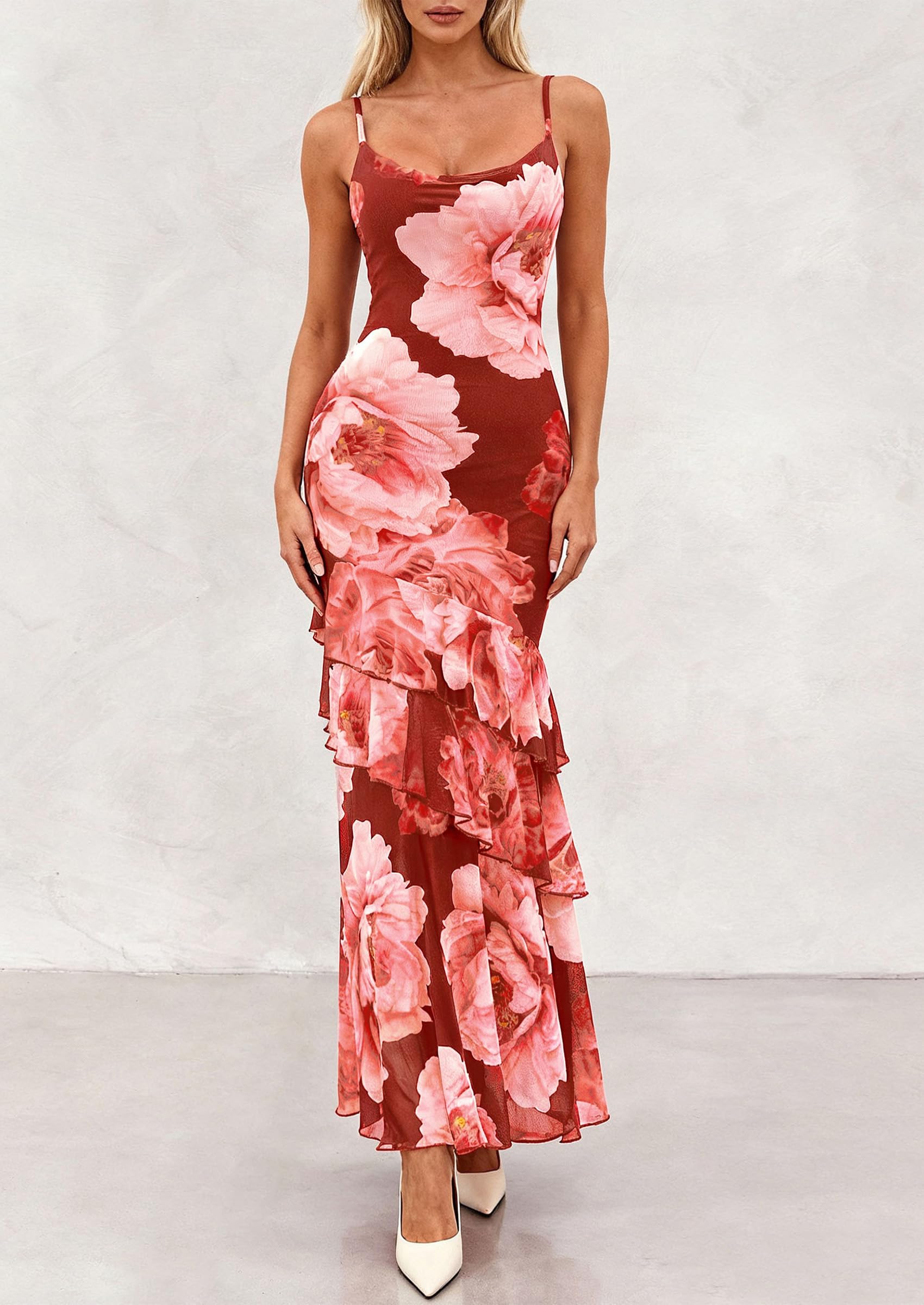 Women's Boho Floral Tiered Maxi Dress, Wine Red Big Floral,XS