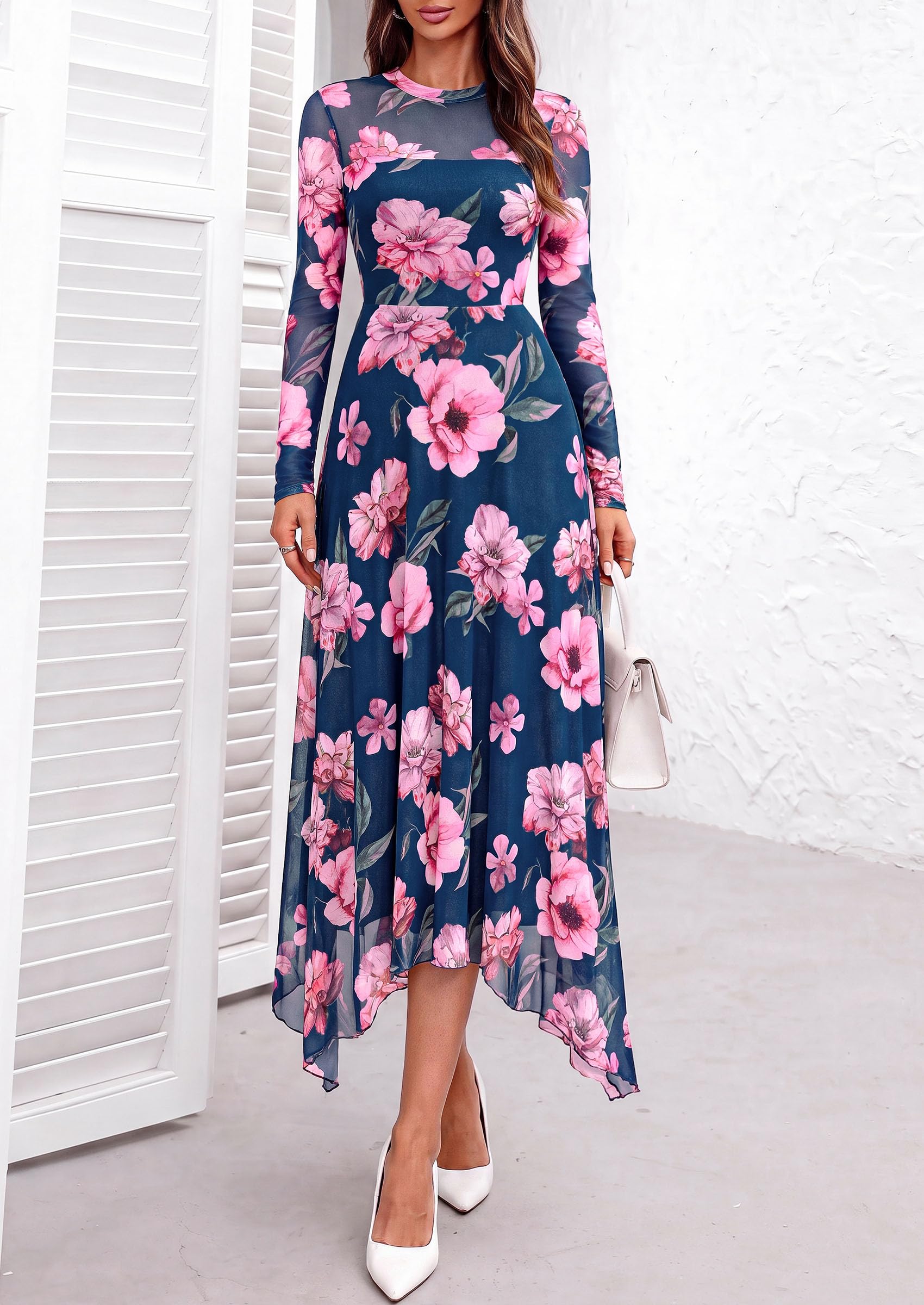 Women's Floral Mesh Midi Dress,Floral Blue Pink,S
