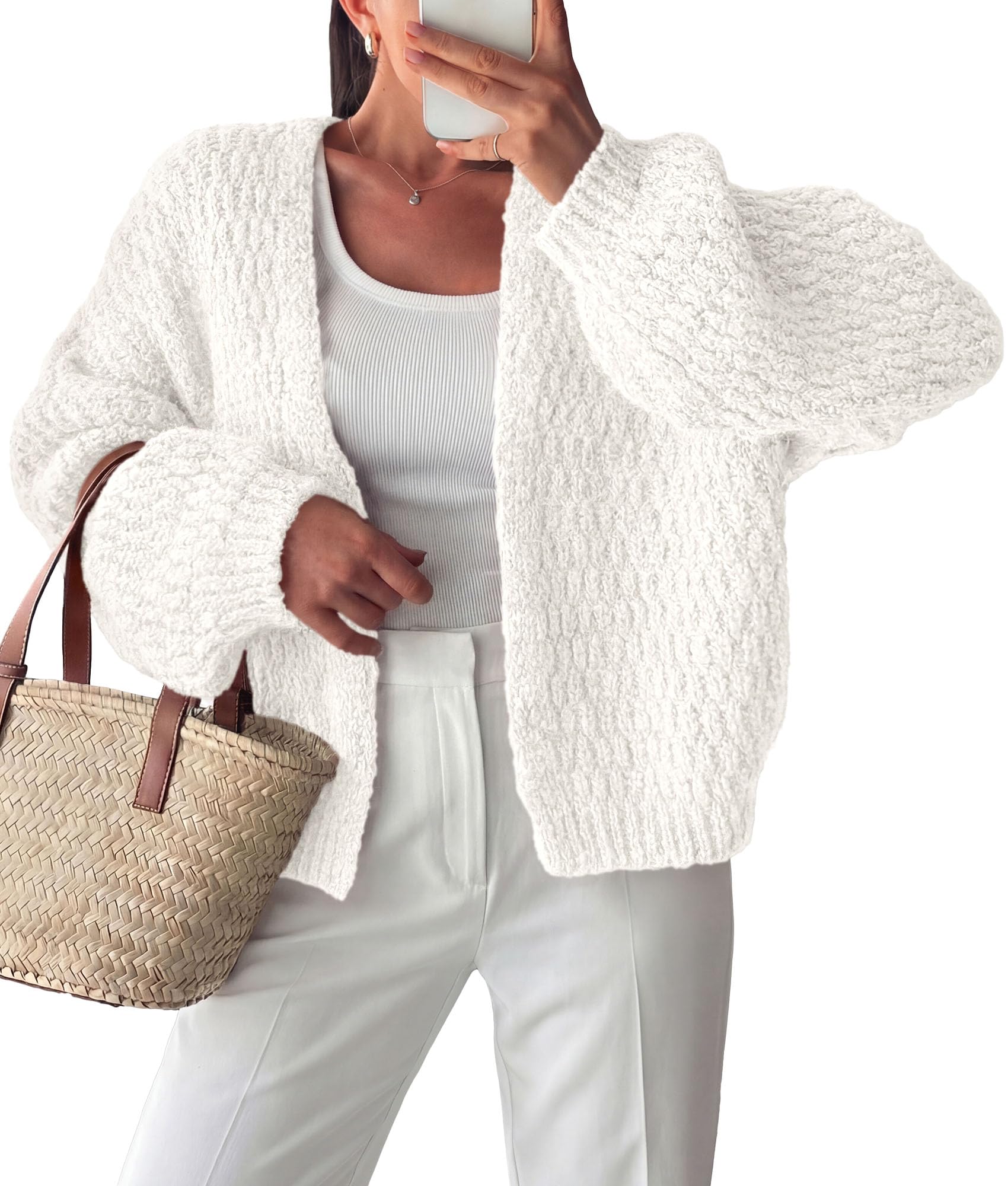 Women's Fall Cardigan Open Front Chunky Sweaters White S