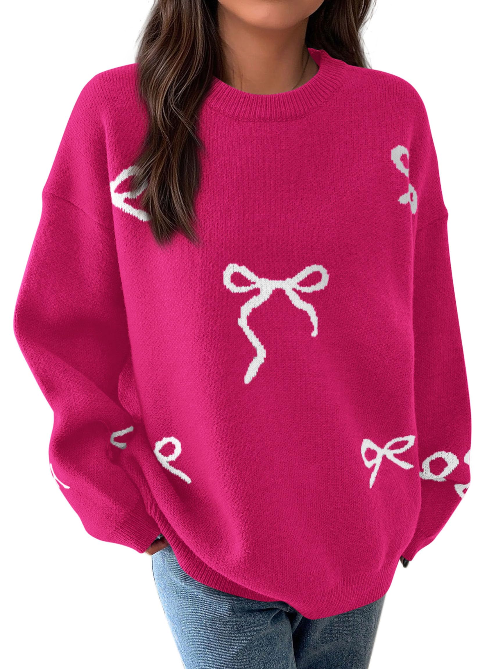 Fall Long Sleeve Pullover Sweaters for Women 2026 Trendy Crewneck Casual Cute Bow Chunky Knit Oversized Sweater (Rose Red,Small)