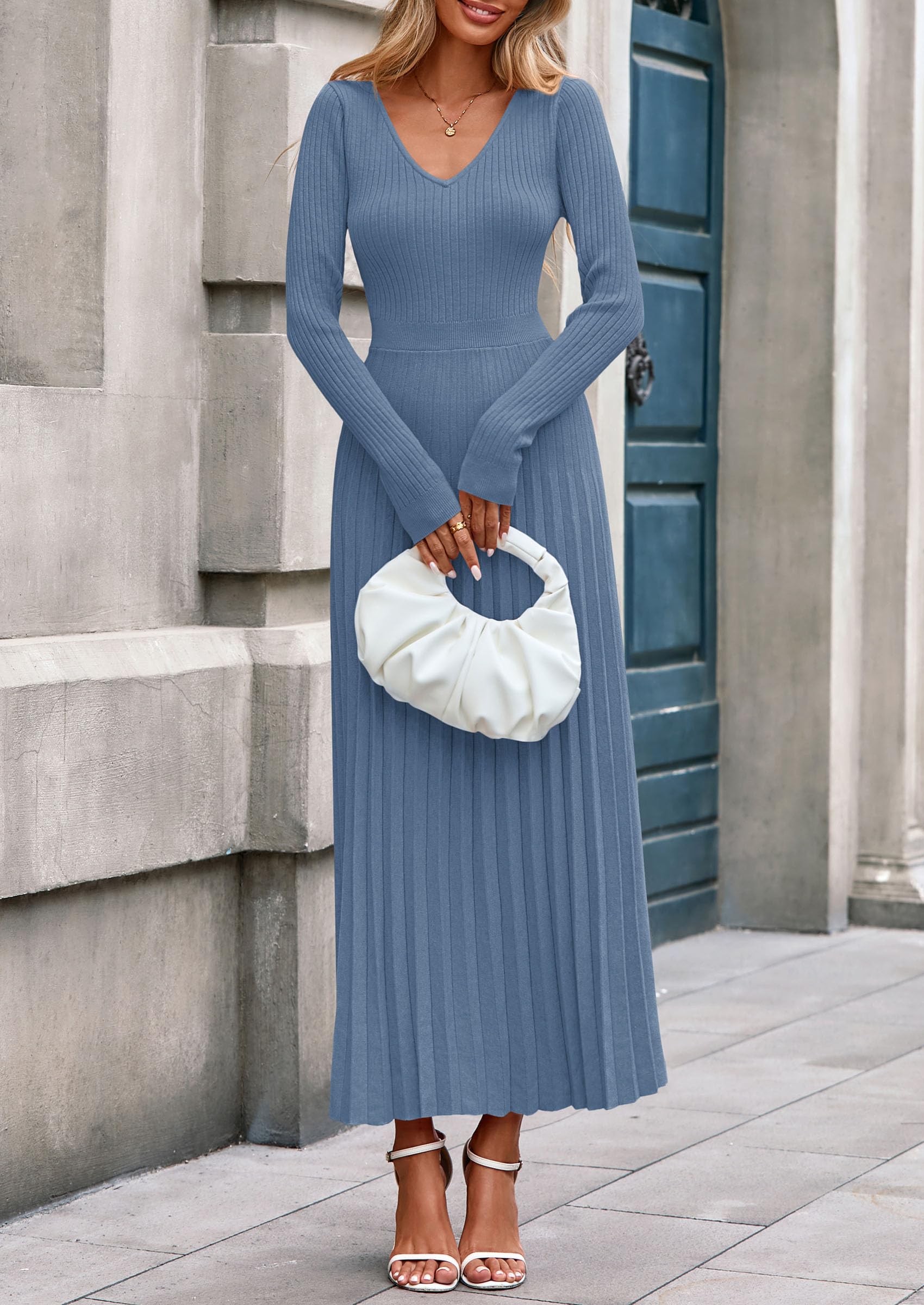 Sweater Dress Women Long Sleeve Maxi Flowy Pleated Dresses