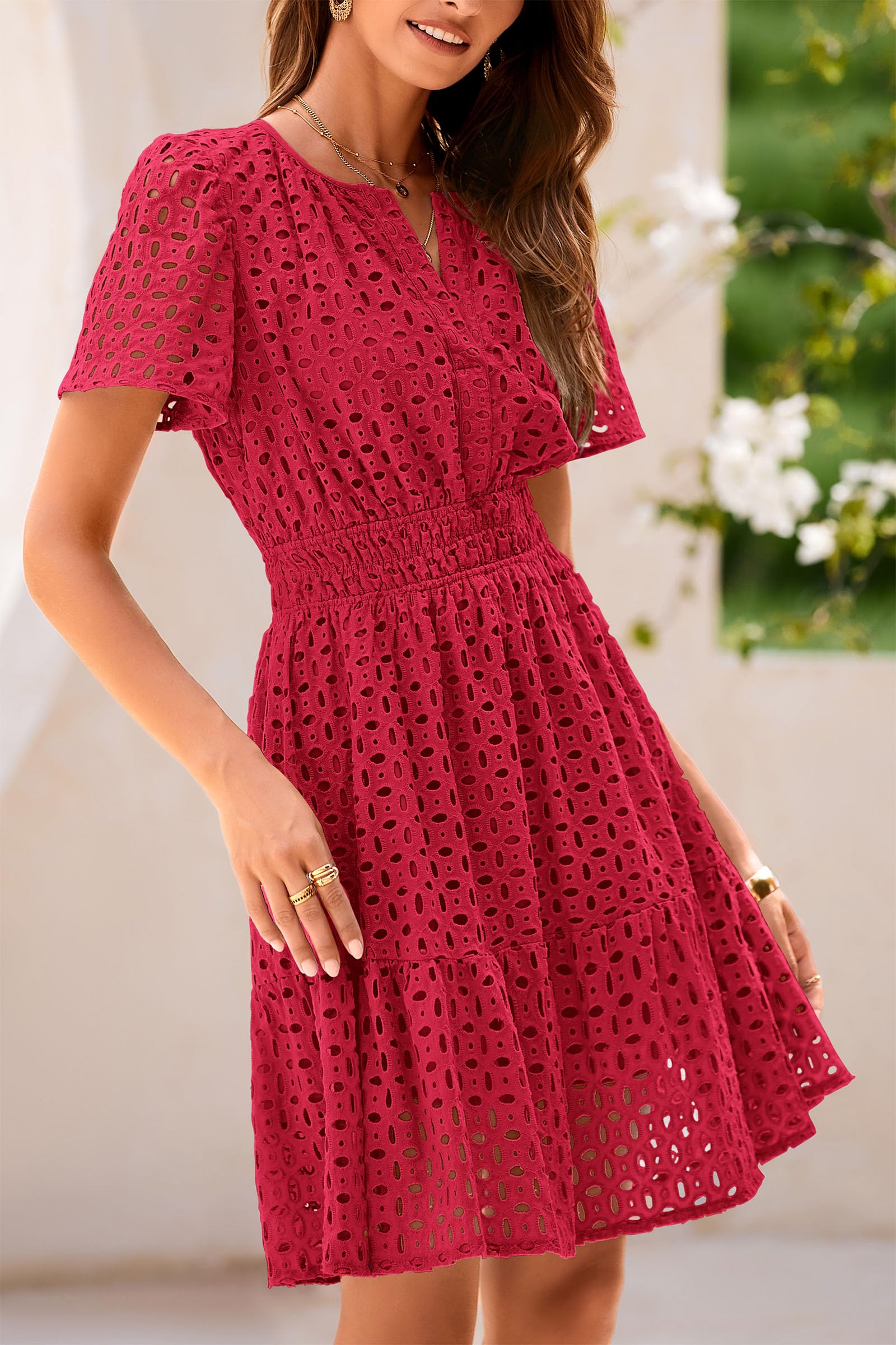 Women's Summer Eyelet Lace Short Dresses (Red,S)