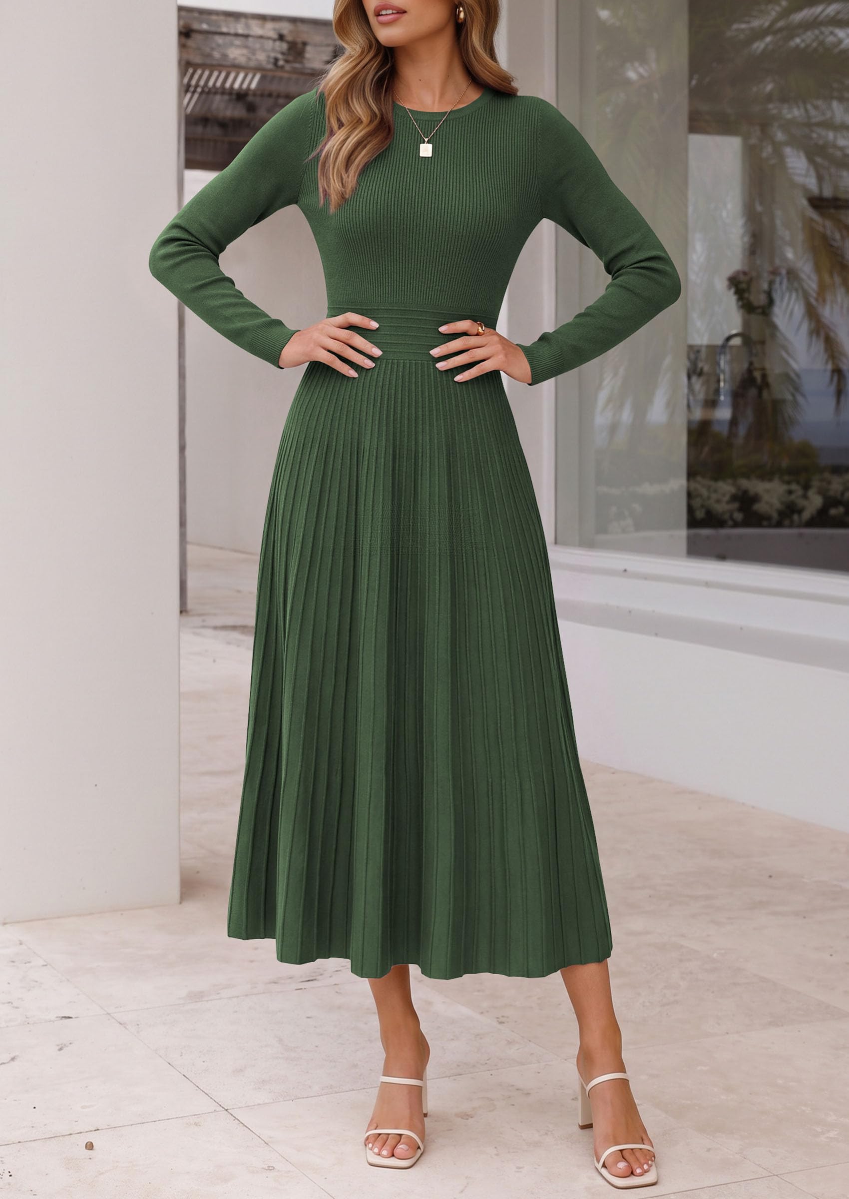 Women's Long Sleeve Knit Maxi Sweater Dress,Army Green,S
