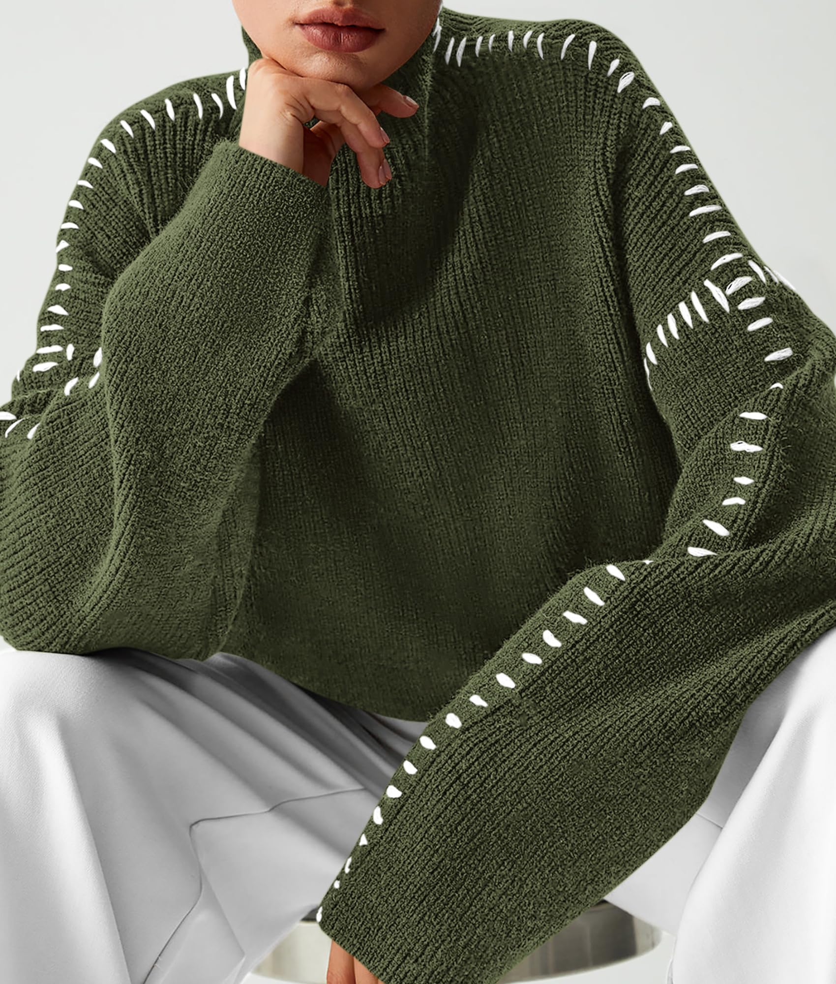 Womens Chunky Knit Oversized Pullover Sweaters,Army Green,S