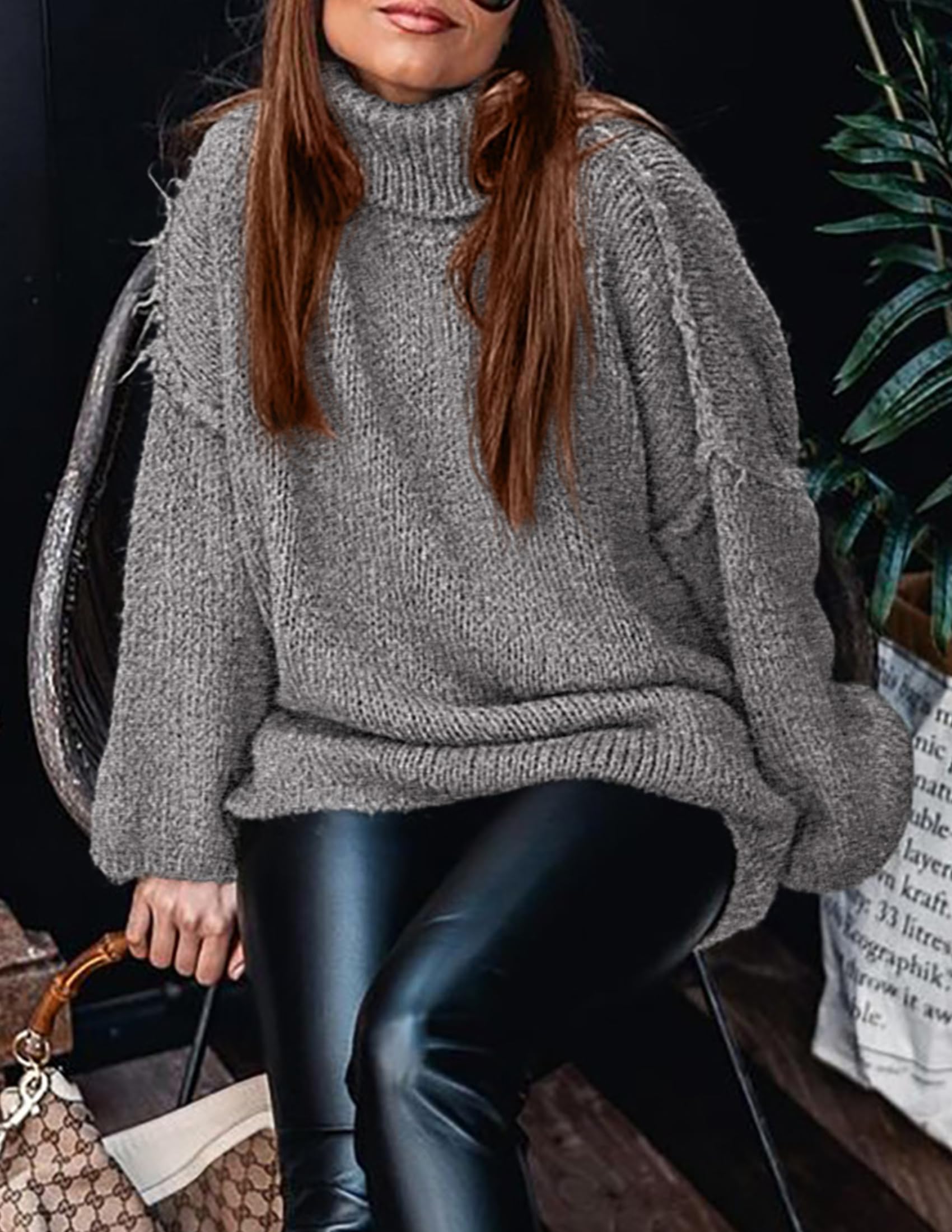 Womens Turtleneck Long Sleeve Oversized Sweaters,Grey,S