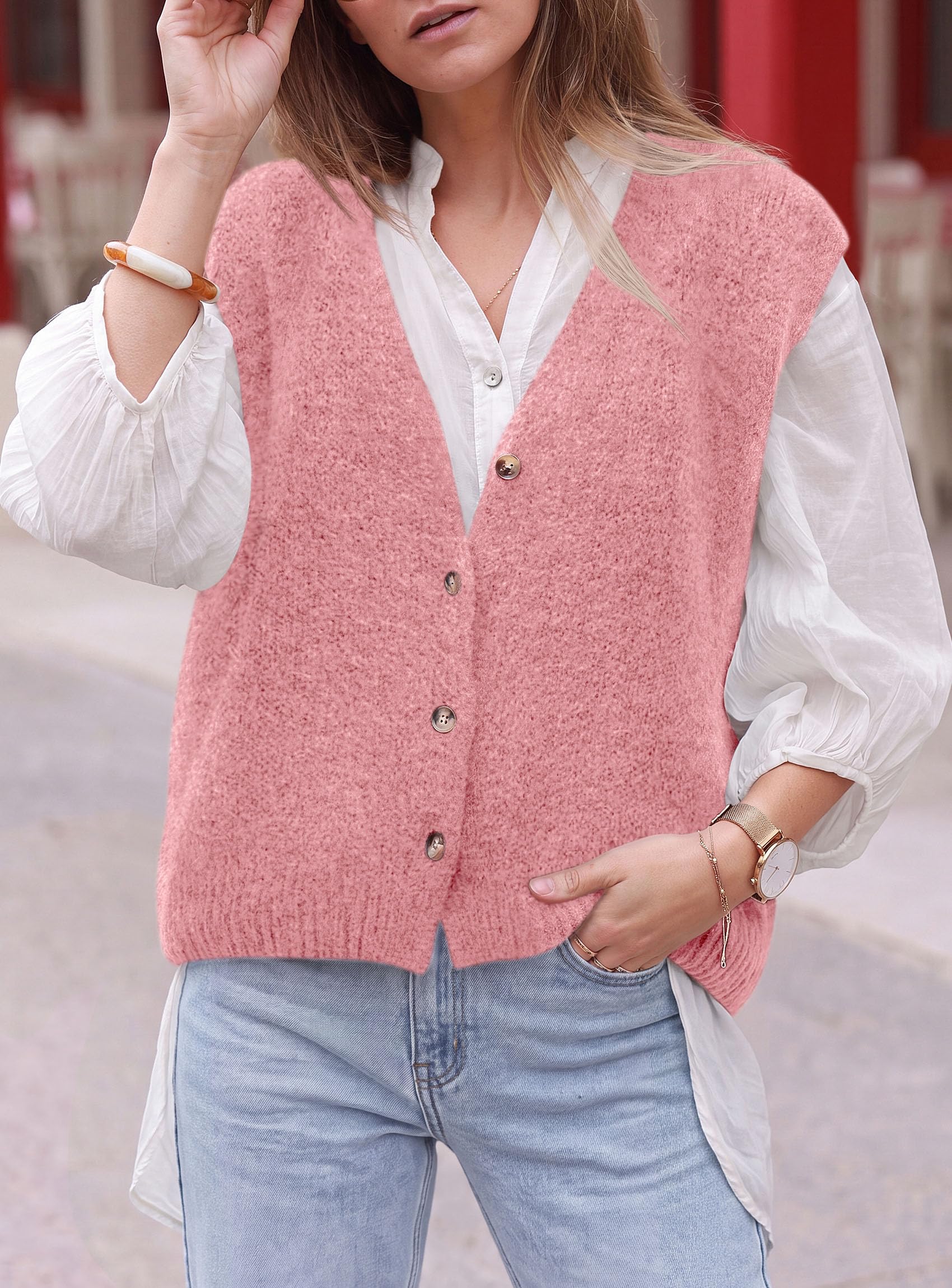 Womens Fall Sleeveless Button Down Sweater Vest,Pink,S