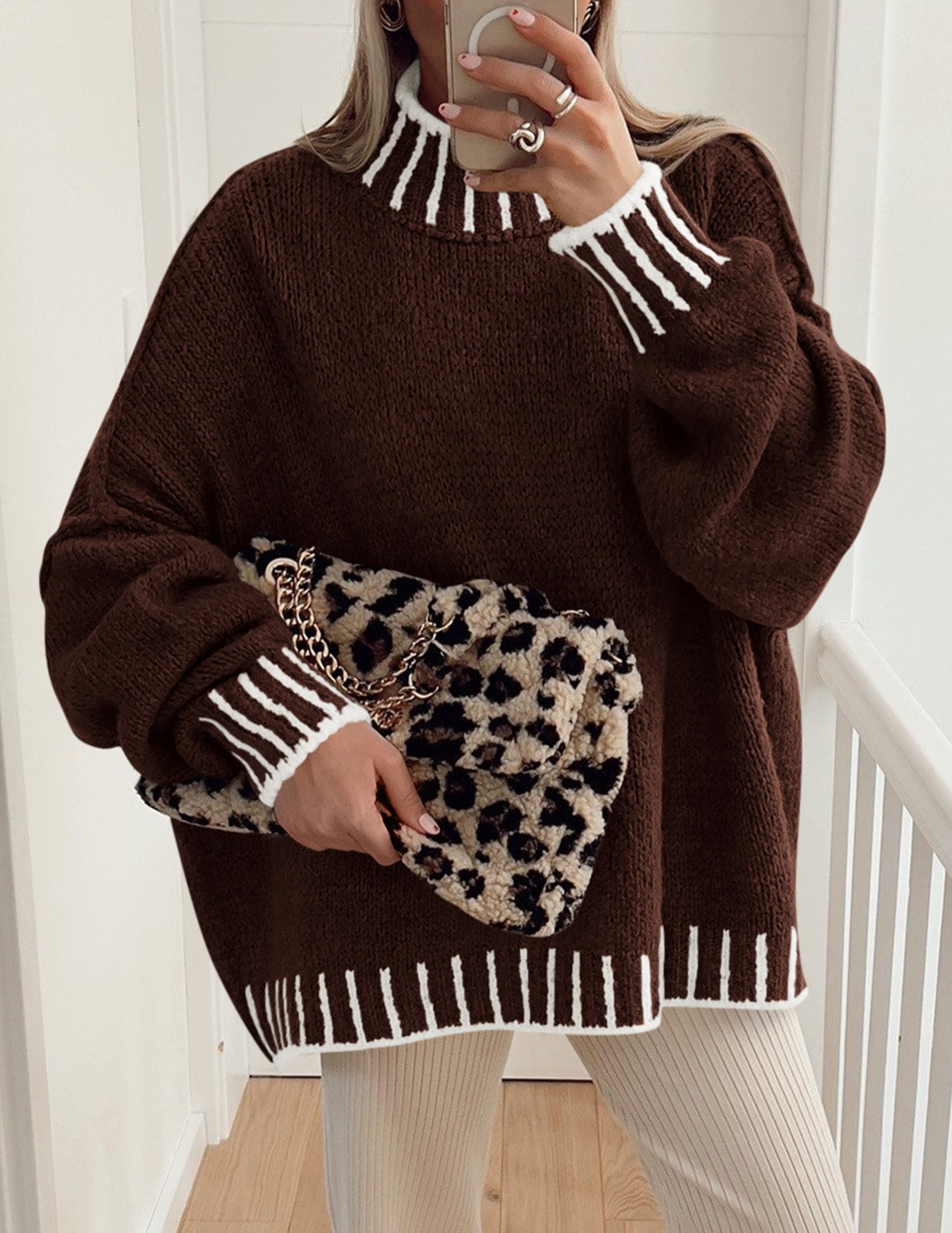 Women's Mock Neck Oversized Pullover Sweaters,Brown,XS