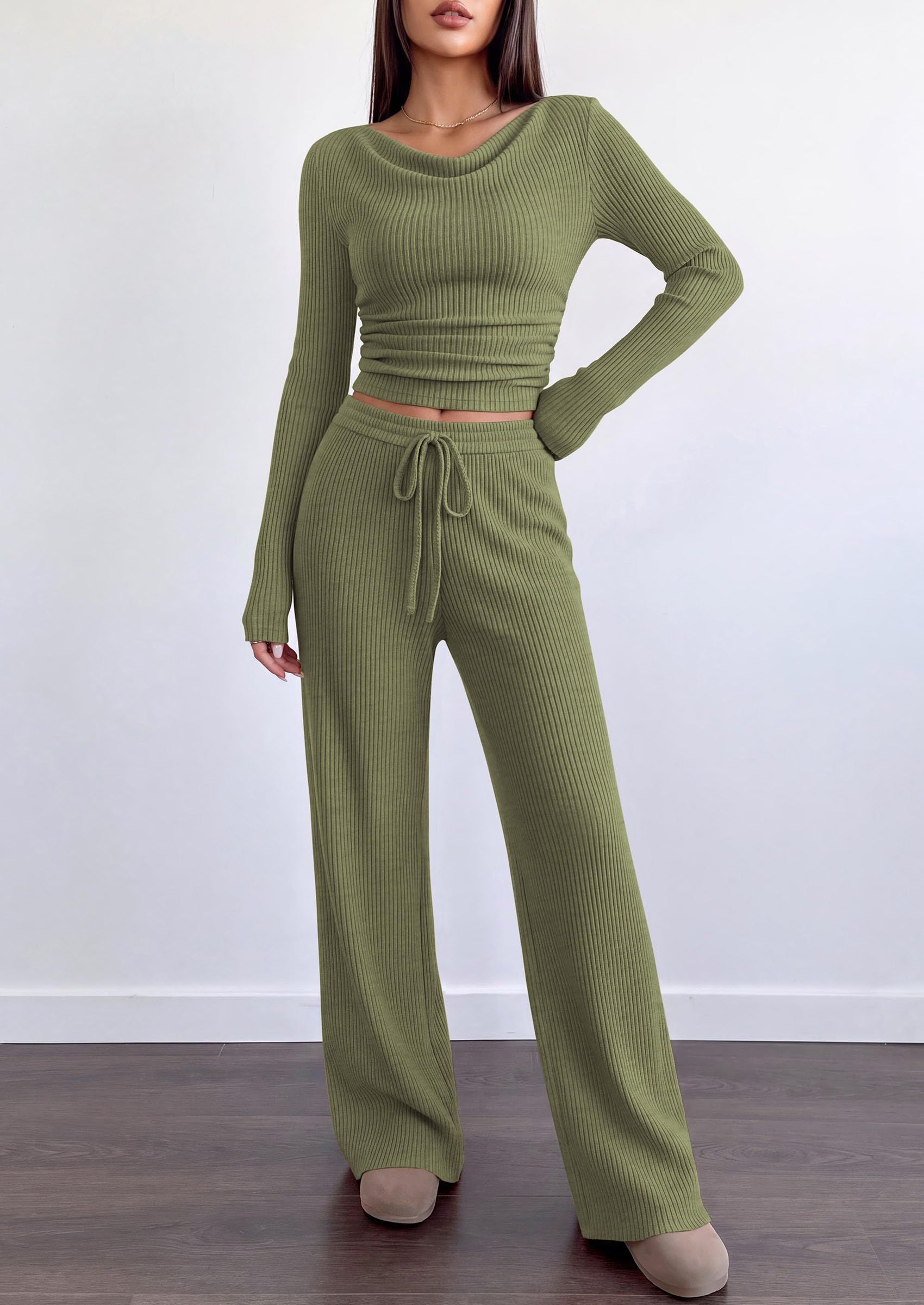 Matching Sets Women Clothing Fall Ribbed 2 Piece Lounge Set