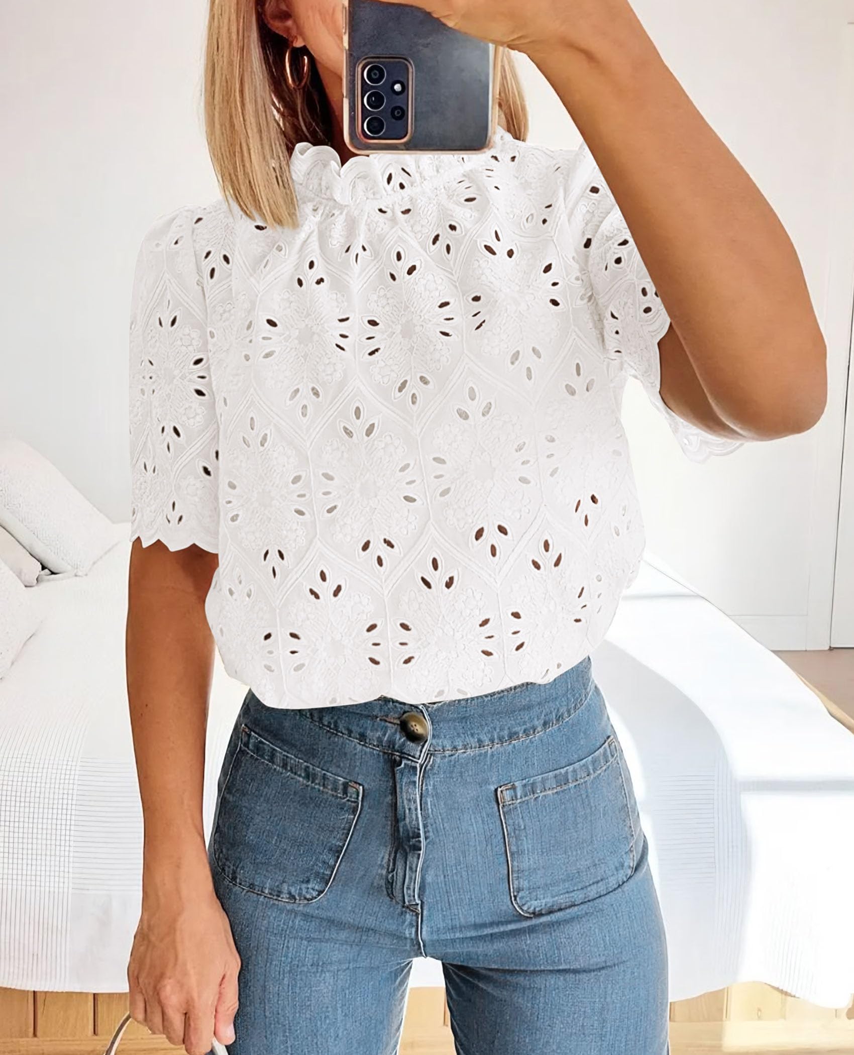 Women Summer Tops Eyelet Embroidered Shirts,White,XS